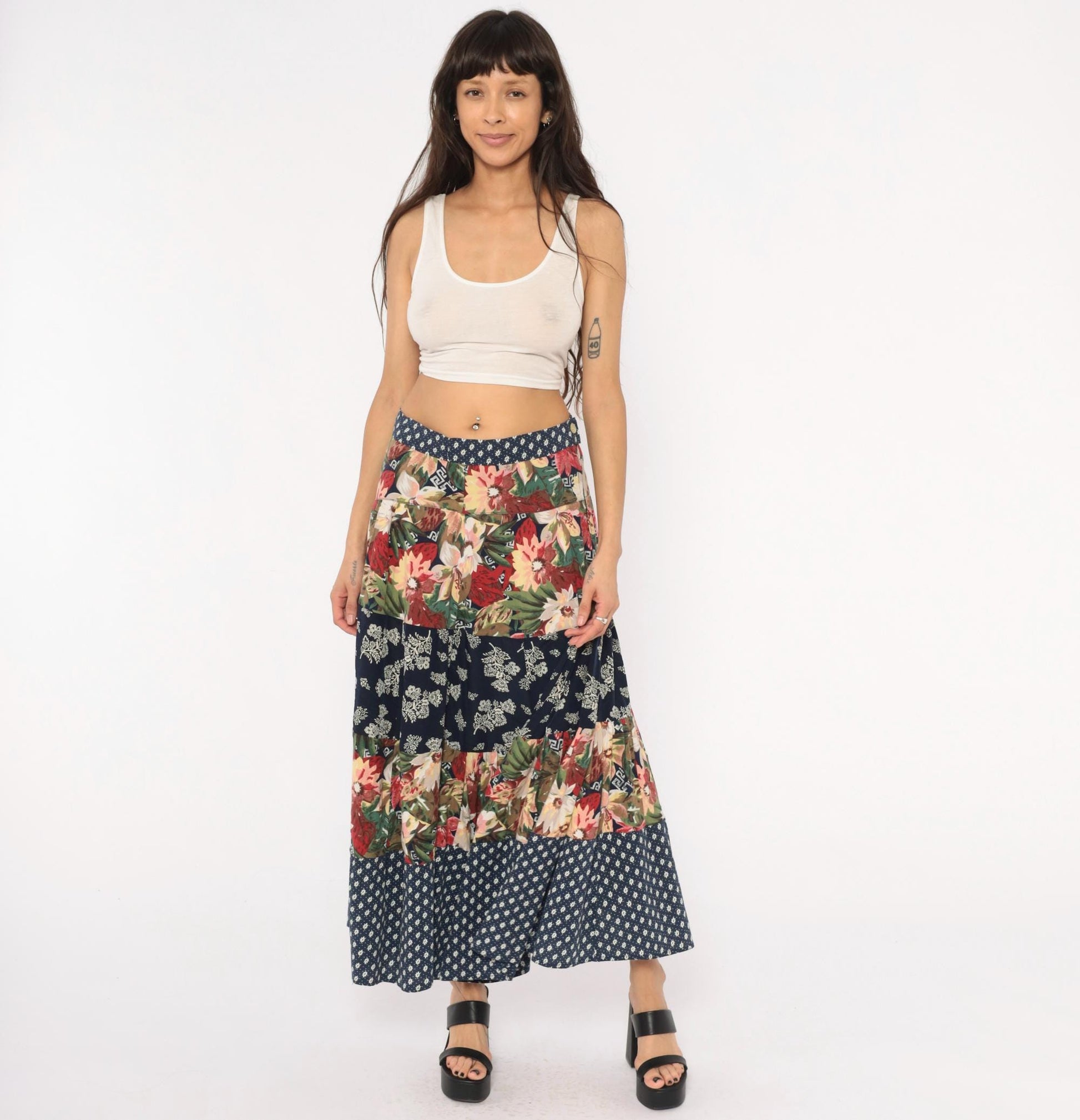 80s Patchwork Tiered Midi Skirt Floral Navy Cotton Medium M