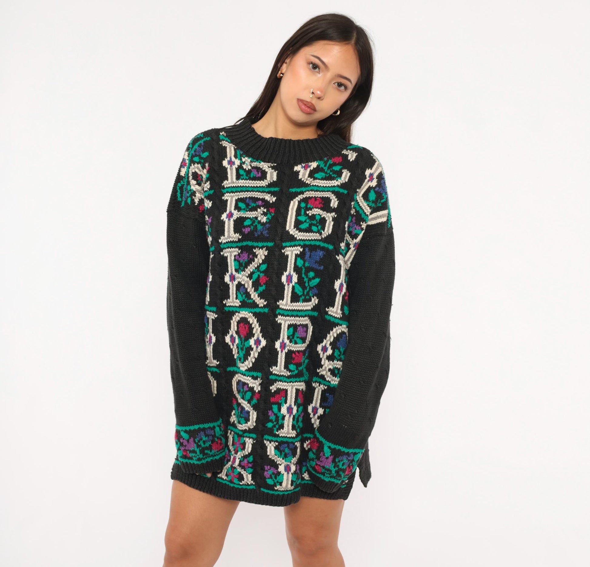 90s Signatures Black Alphabet Floral Knit Sweater Cable Knit Pullover Small S