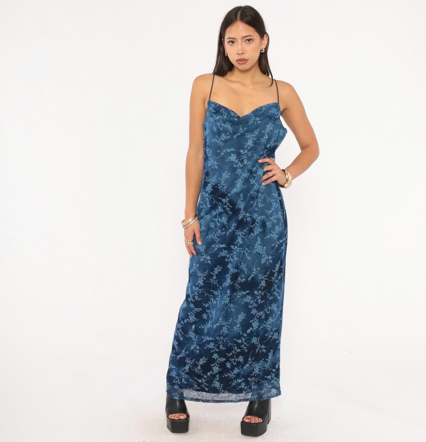 90s Jodi Michaels Navy Floral Maxi Slip Dress Glitter Sweetheart Neckline Large L