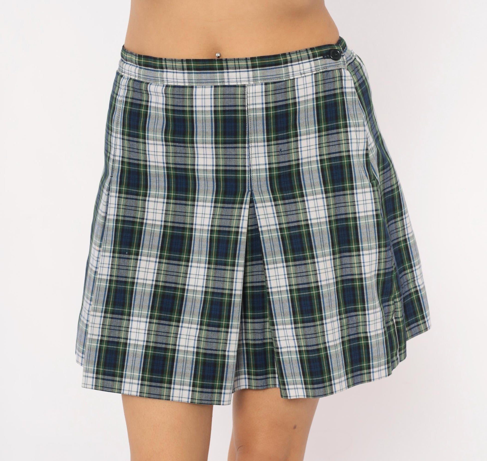 80s Donalds Navy Green Plaid Pleated Skort Tartan Mini Small S