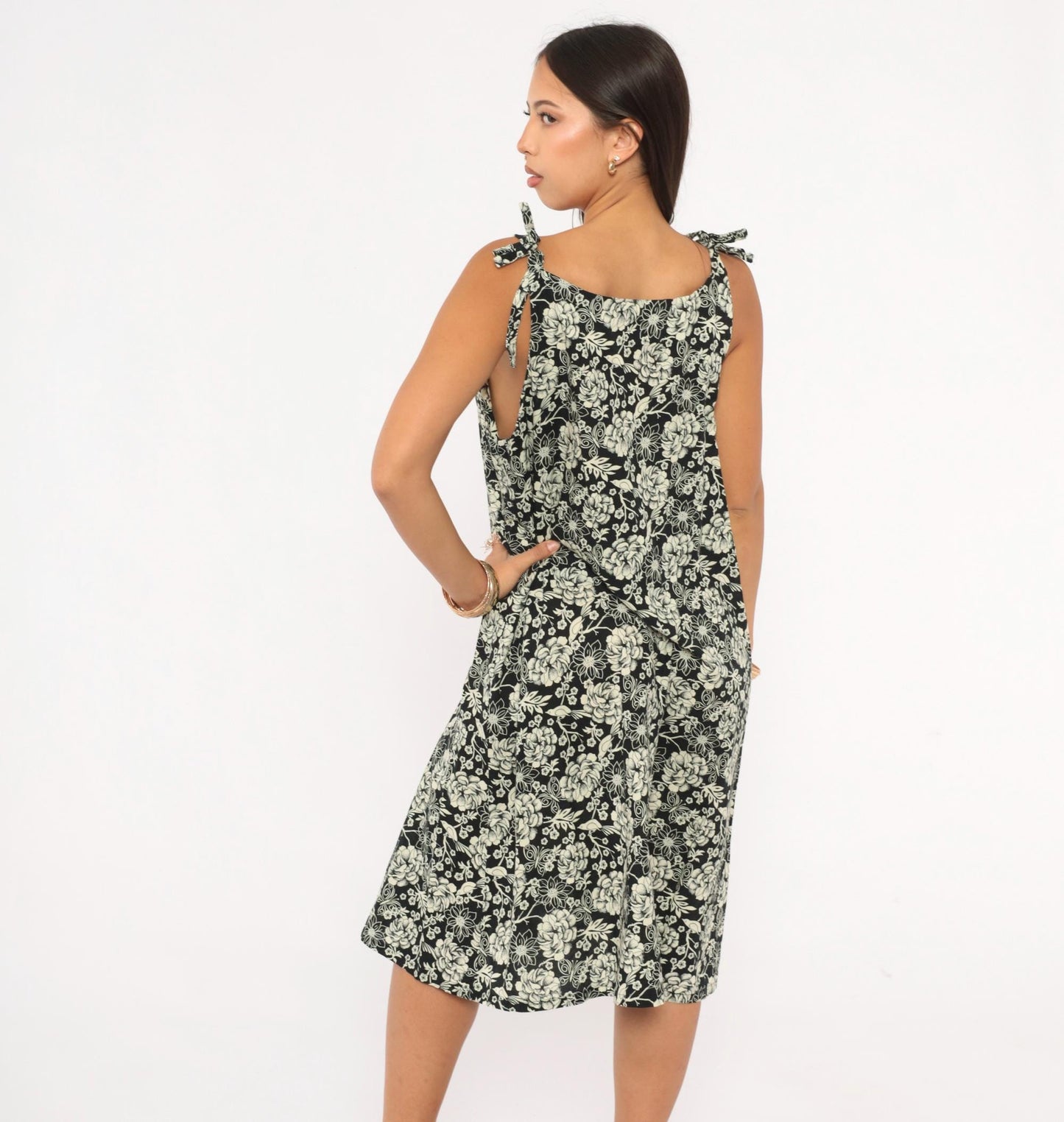 80s Floral Bird Print Sundress Black Cream Tie Shoulder A-Line Knee Length Medium M
