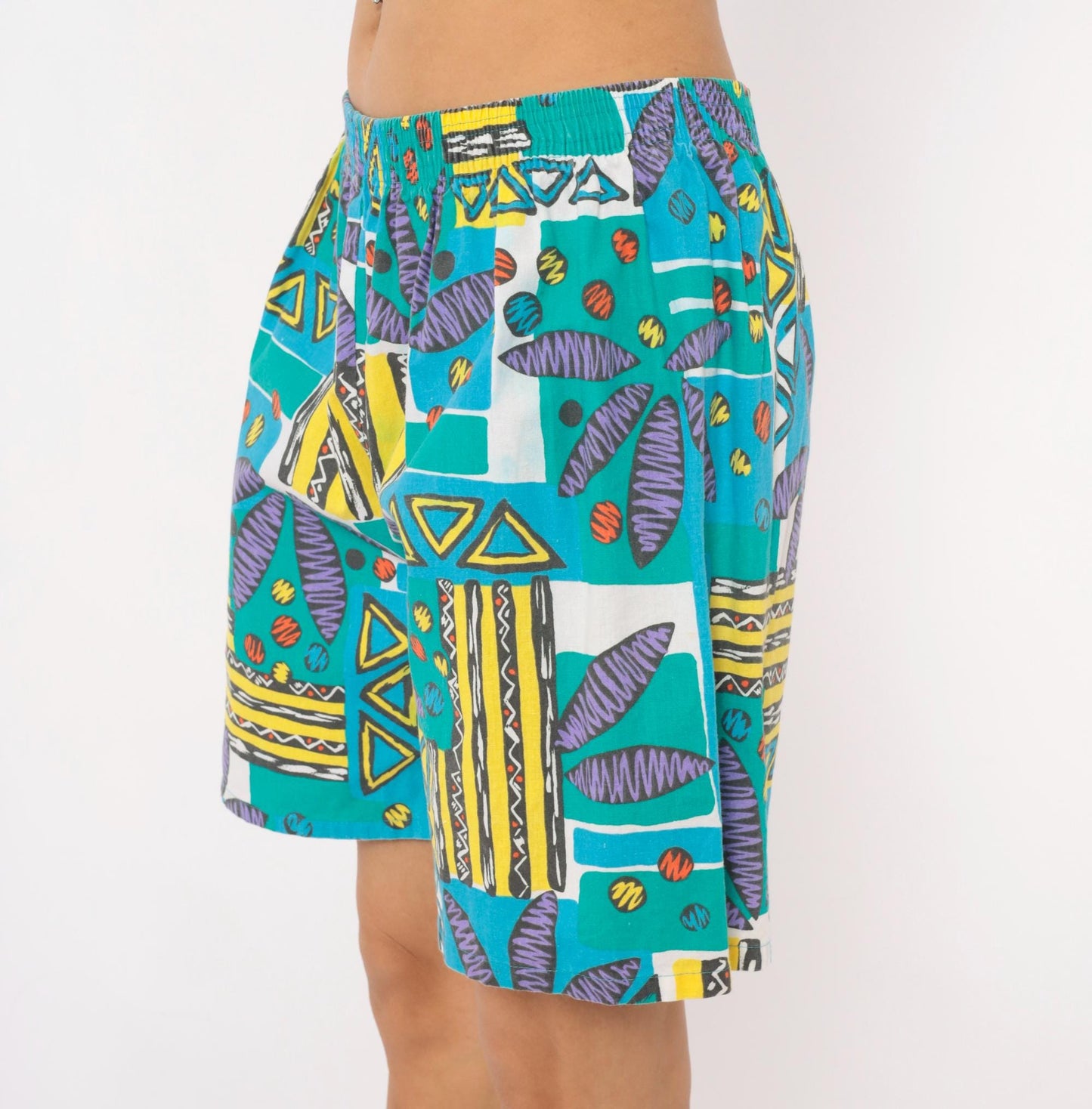 90s Athletic Works Abstract Shorts Teal Purple Geometric Print Cotton Medium