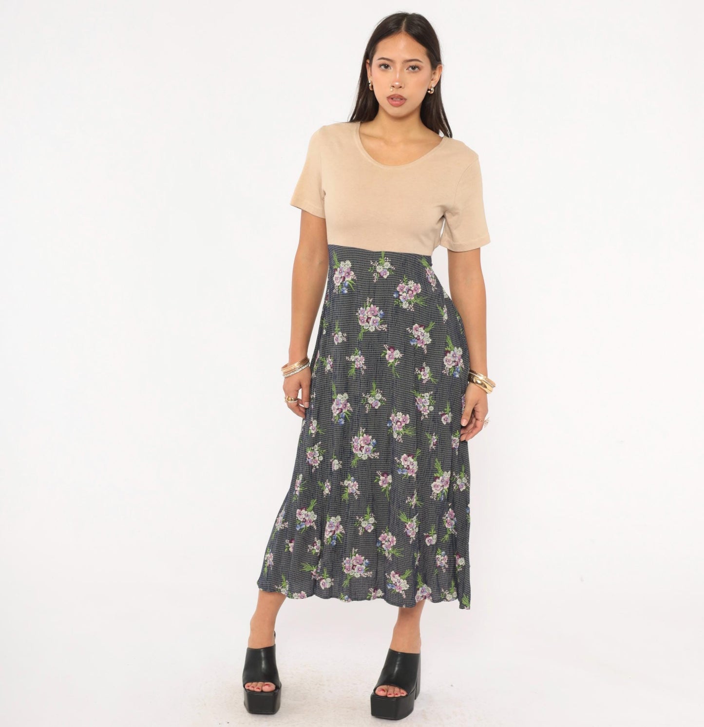 90s Gianfranco Bassi Floral Midi Dress Navy Bouquet Sand Bodice Medium