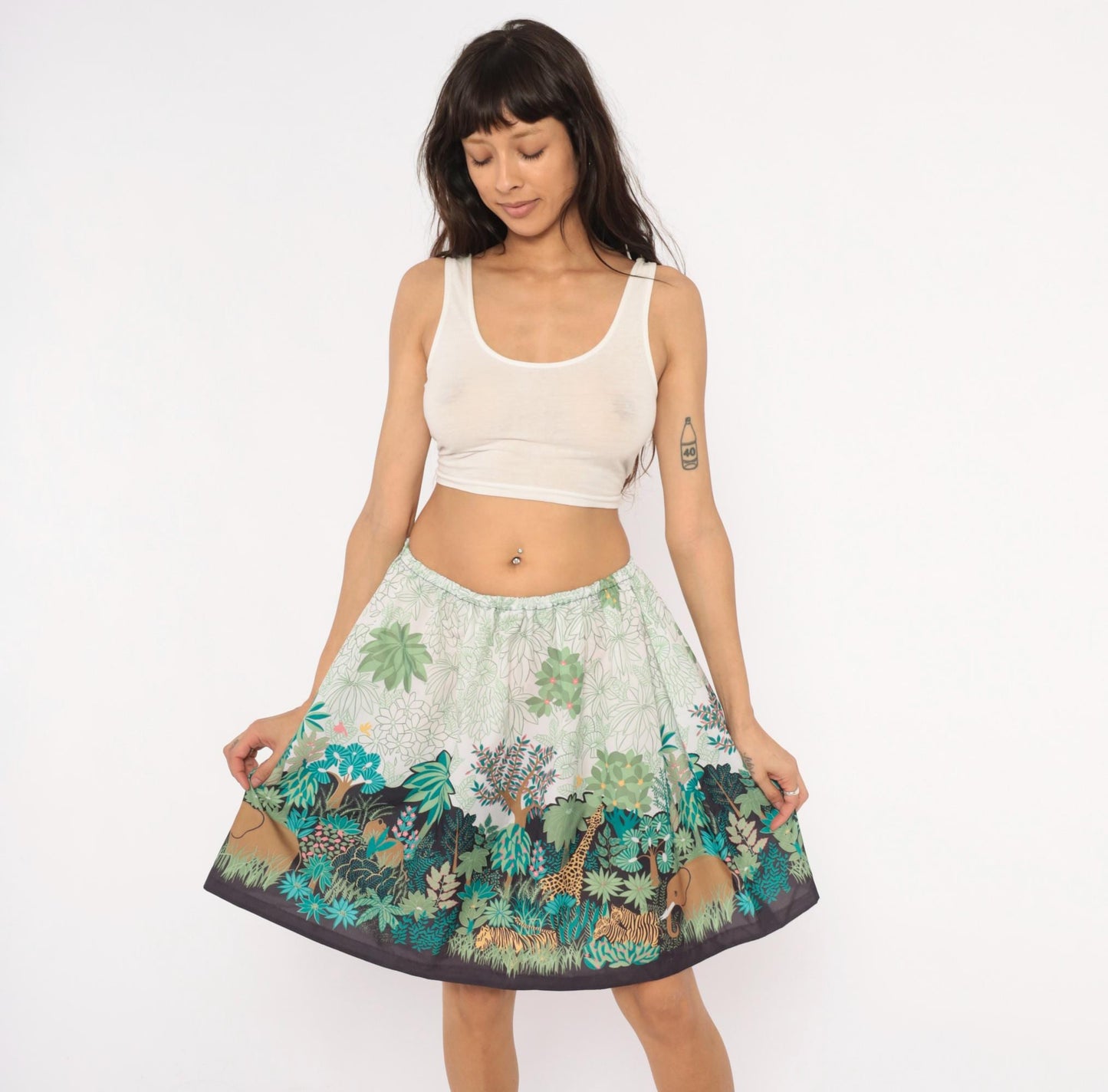 80s Jungle Safari Animal Print A-Line Skirt Knee-Length Cream Small Medium
