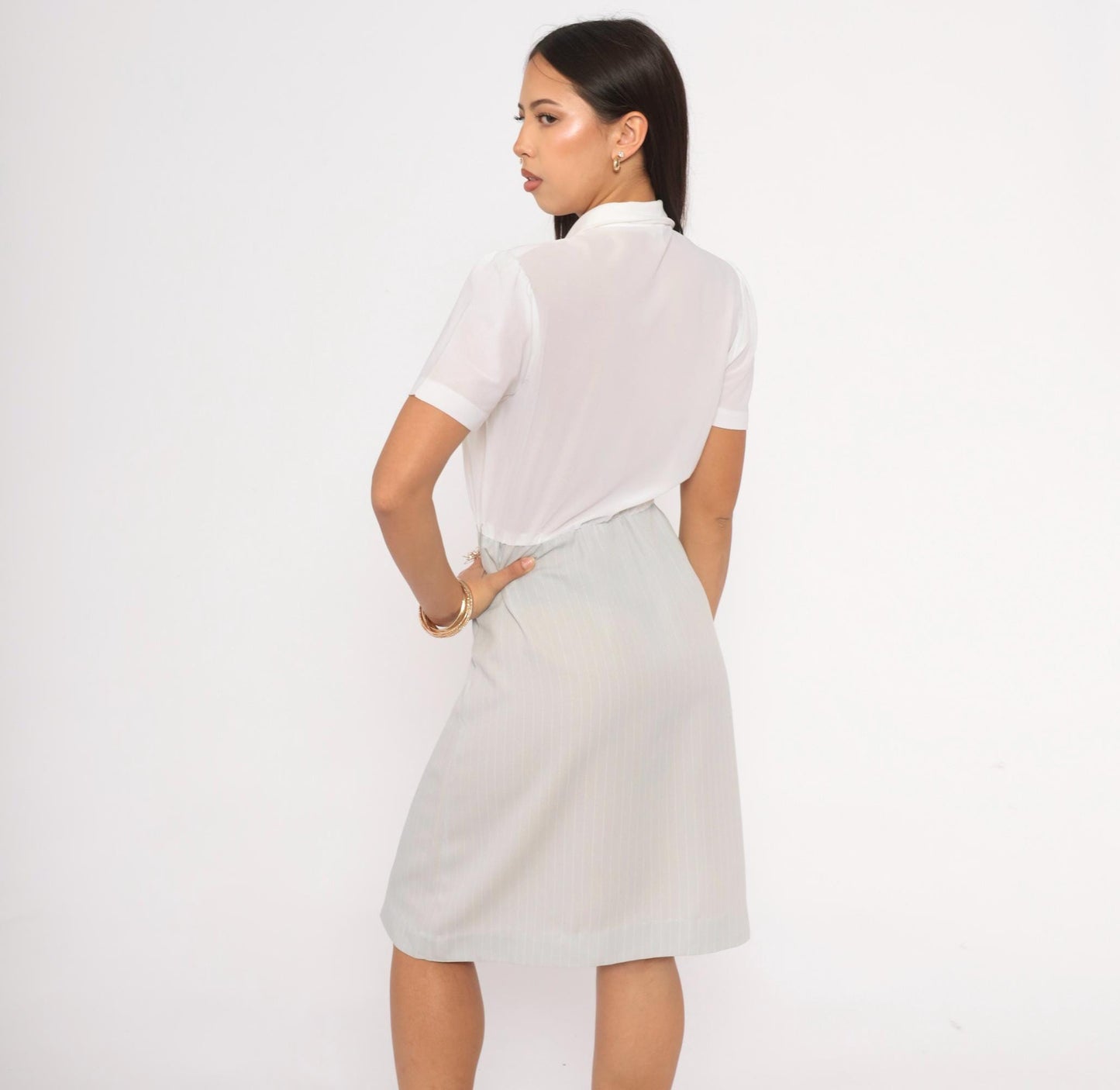 80s Two-Tone Shirtdress White Ruffle Pinstripe Grey Puff Sleeve Small Medium