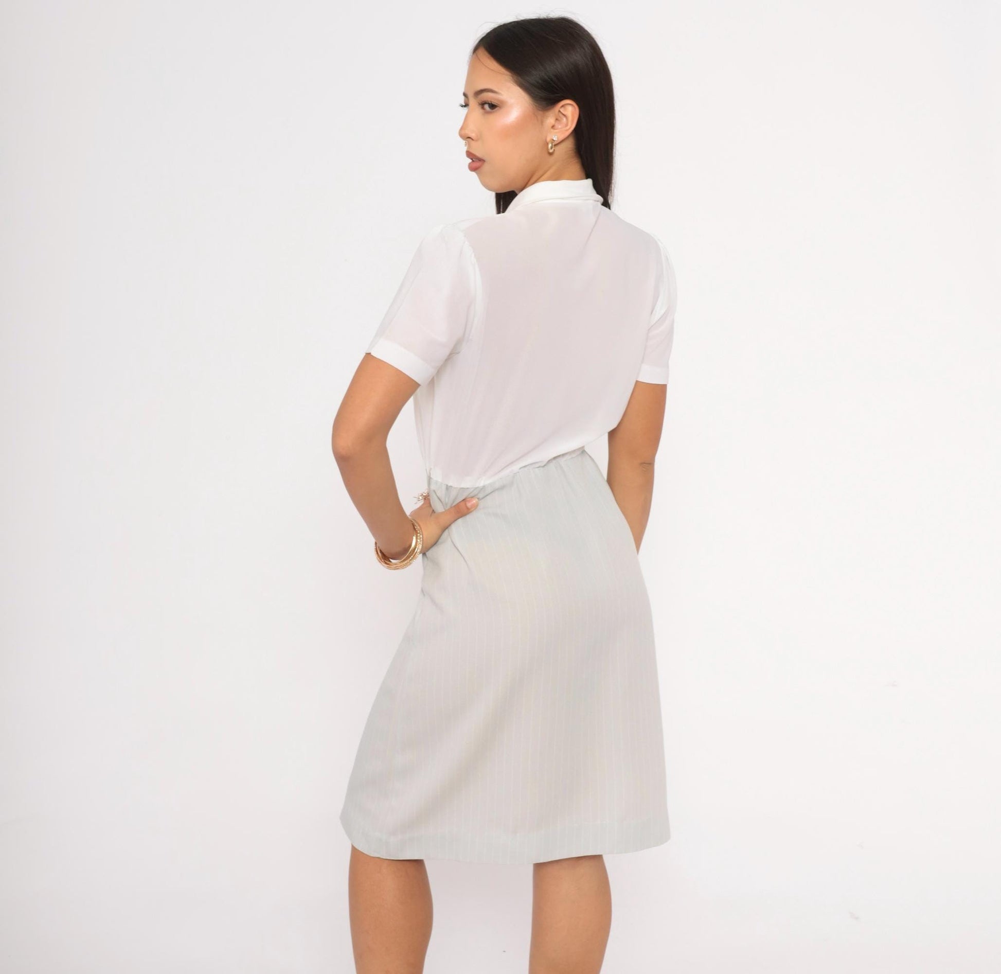 80s Two-Tone Shirtdress White Ruffle Pinstripe Grey Puff Sleeve Small Medium
