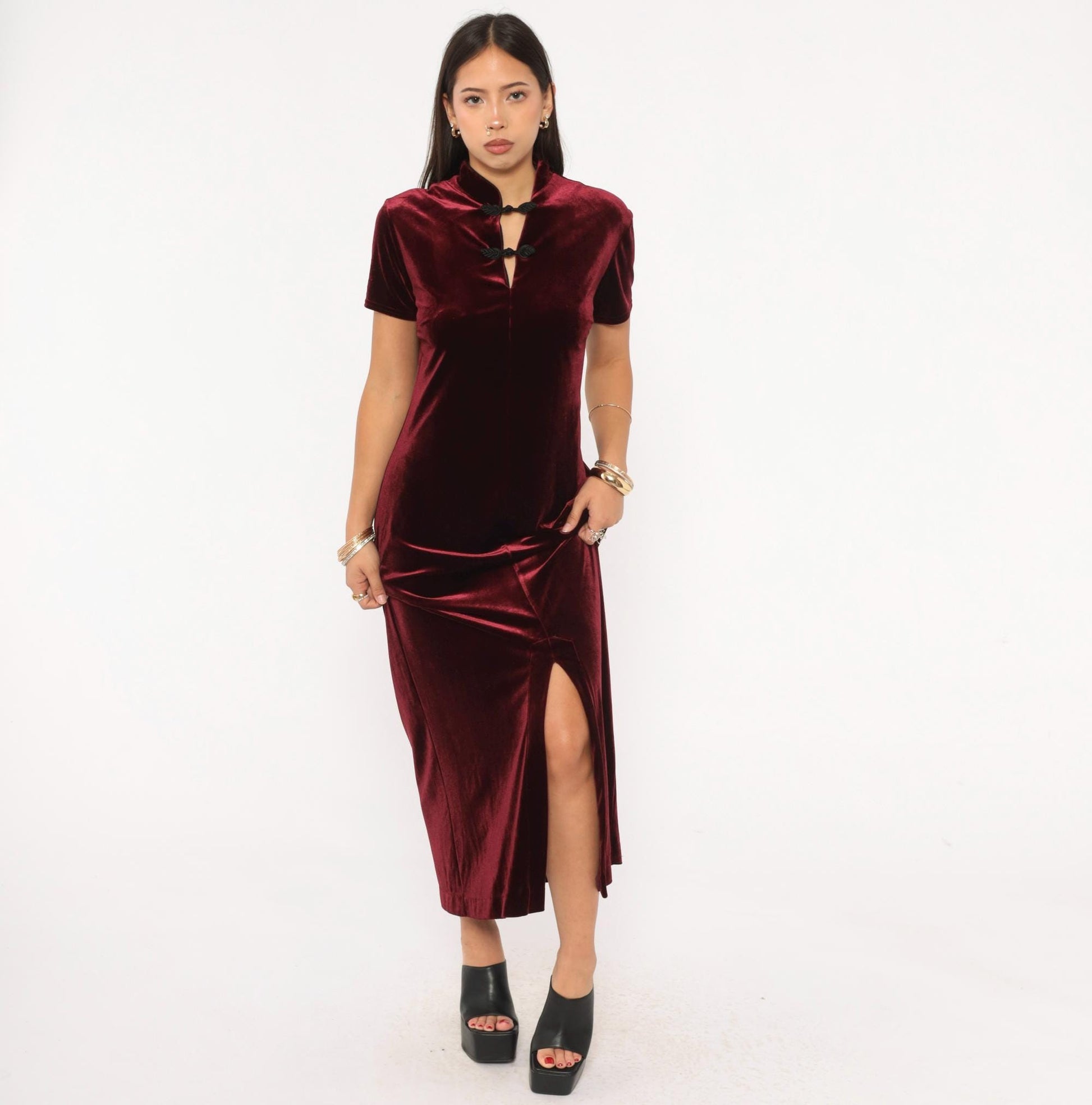 90s Dressing Clio Burgundy Velvet Cheongsam Maxi Dress Mandarin Collar Medium M