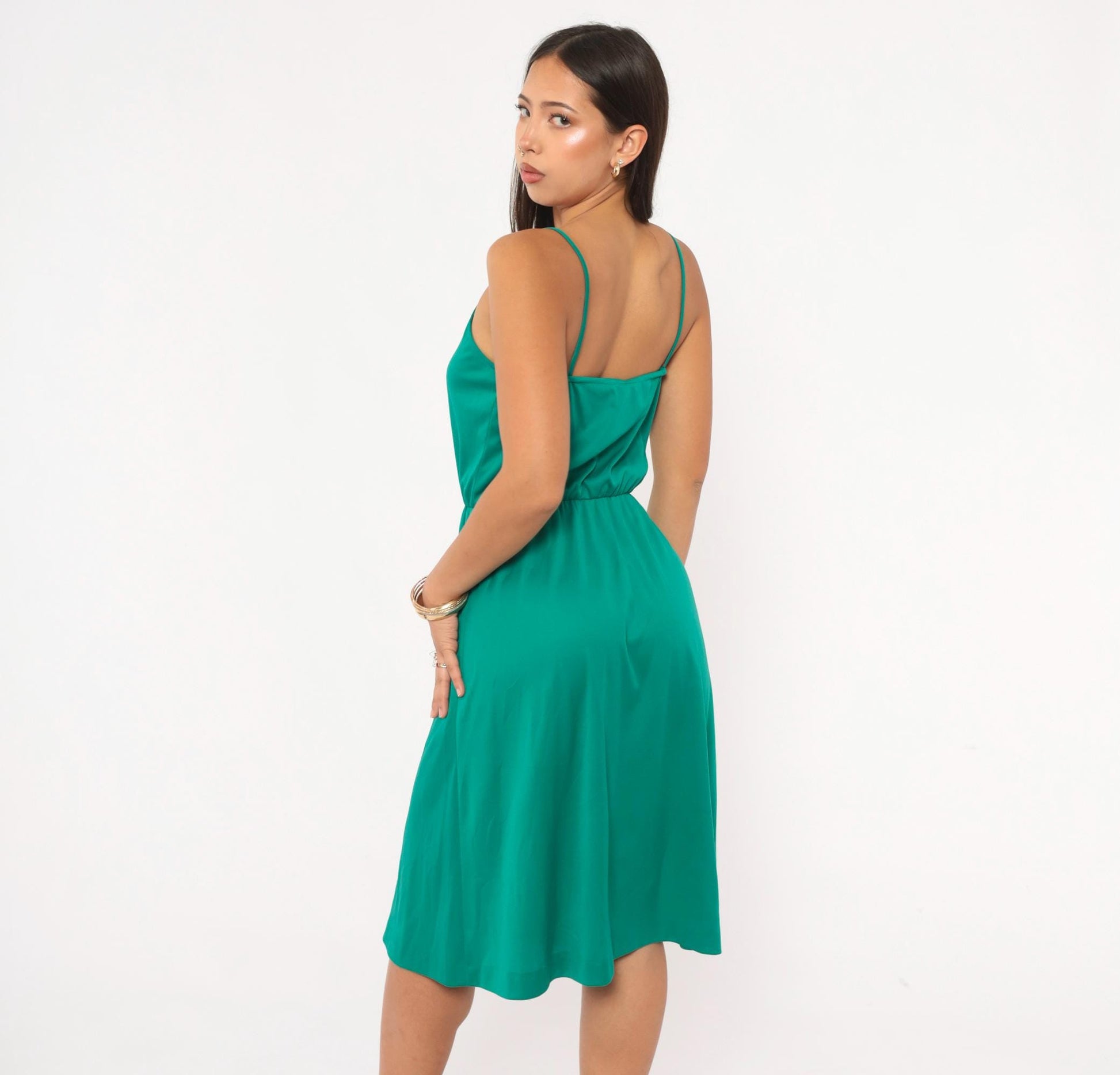 70s Teal Spaghetti Strap Sundress V Neck Gathered Waist Knee Length Extra Small