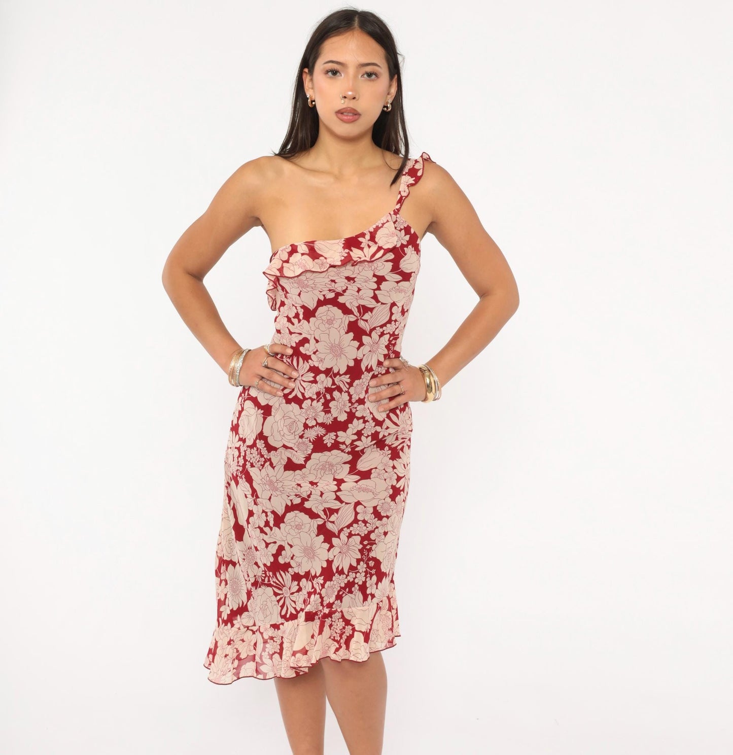 Y2K Debut USA Floral One-Shoulder Dress Red Cream Knee-Length Large L