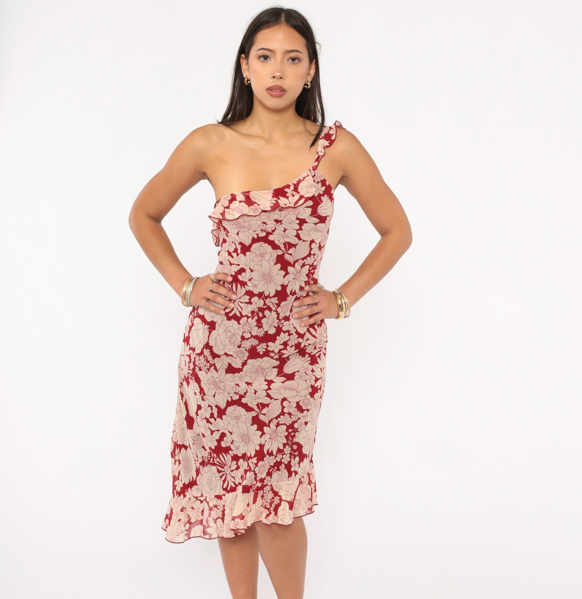 Y2K Debut USA Floral One-Shoulder Dress Red Cream Knee-Length Large L
