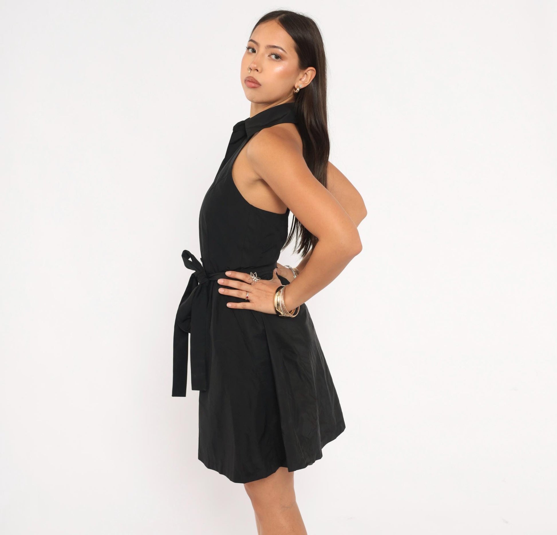 Calvin Klein Halter Mini Dress Black Button Front Open Back Tie Waist Extra Small XS