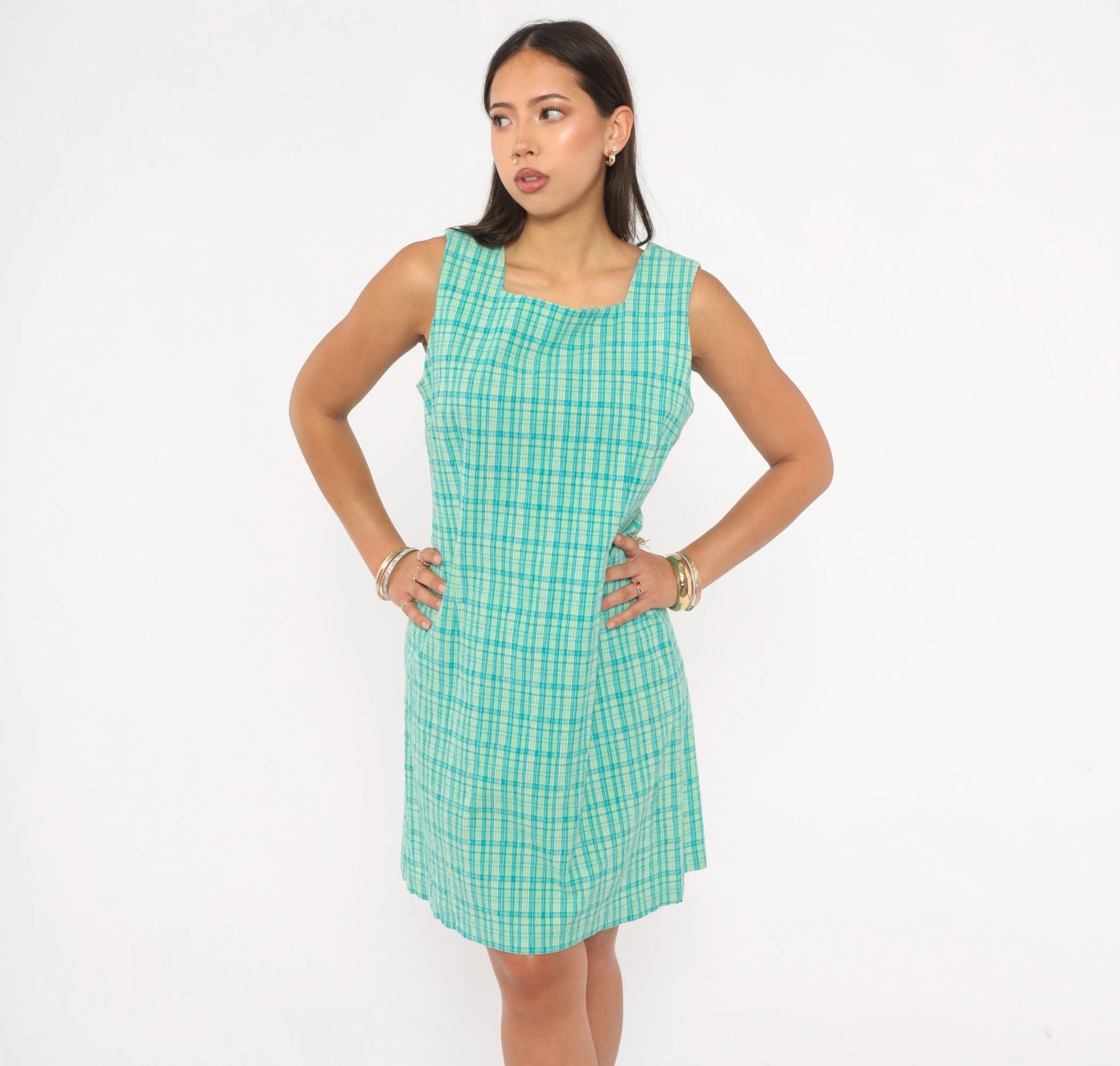 90s Elliott Lauren Plaid Shift Dress Aqua Green Check Square Neck Large L