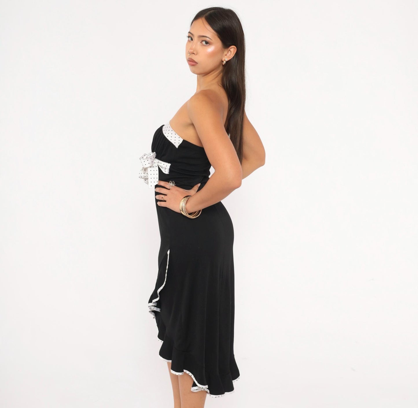 2000s Trixxi Black White Polka Dot Strapless Dress Ruffle Hem Medium M