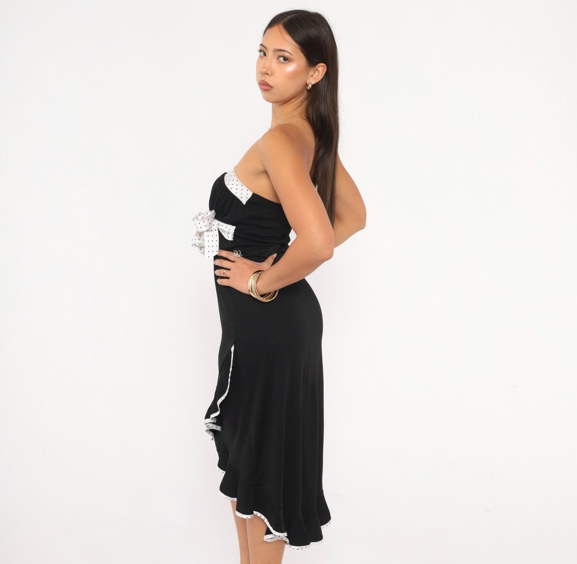 2000s Trixxi Black White Polka Dot Strapless Dress Ruffle Hem Medium M