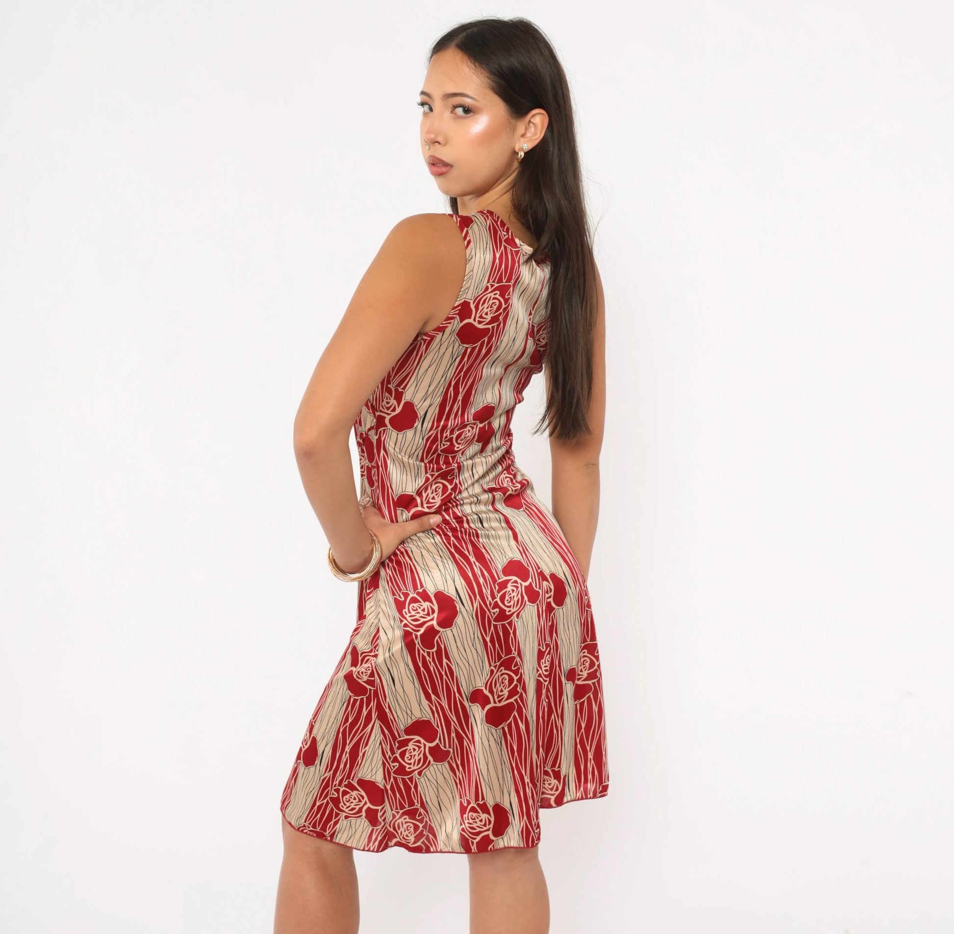 90s YS USA Rose Floral Dress Red Cream V Neck A Line Knee Length Small