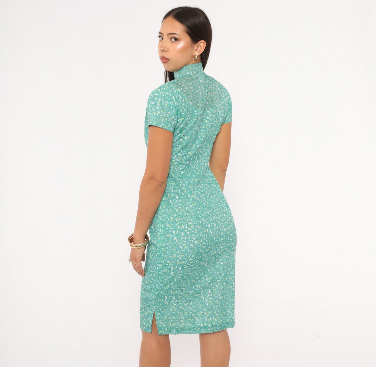 70s Cheongsam Dress Teal Floral Print Mandarin Collar Qipao Fitted Knee XS