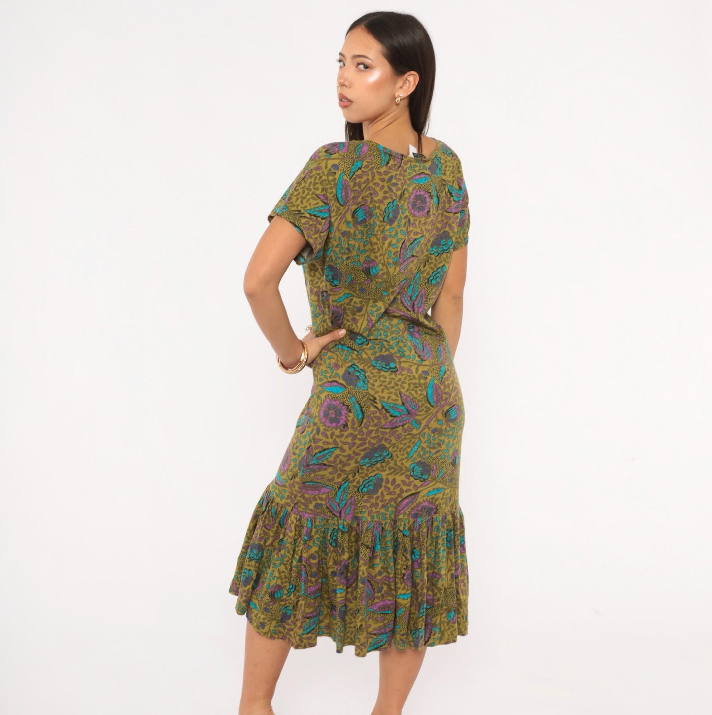 2000s Nina Hazan Olive Floral Midi Dress V-Neck Ruffle Hem Small