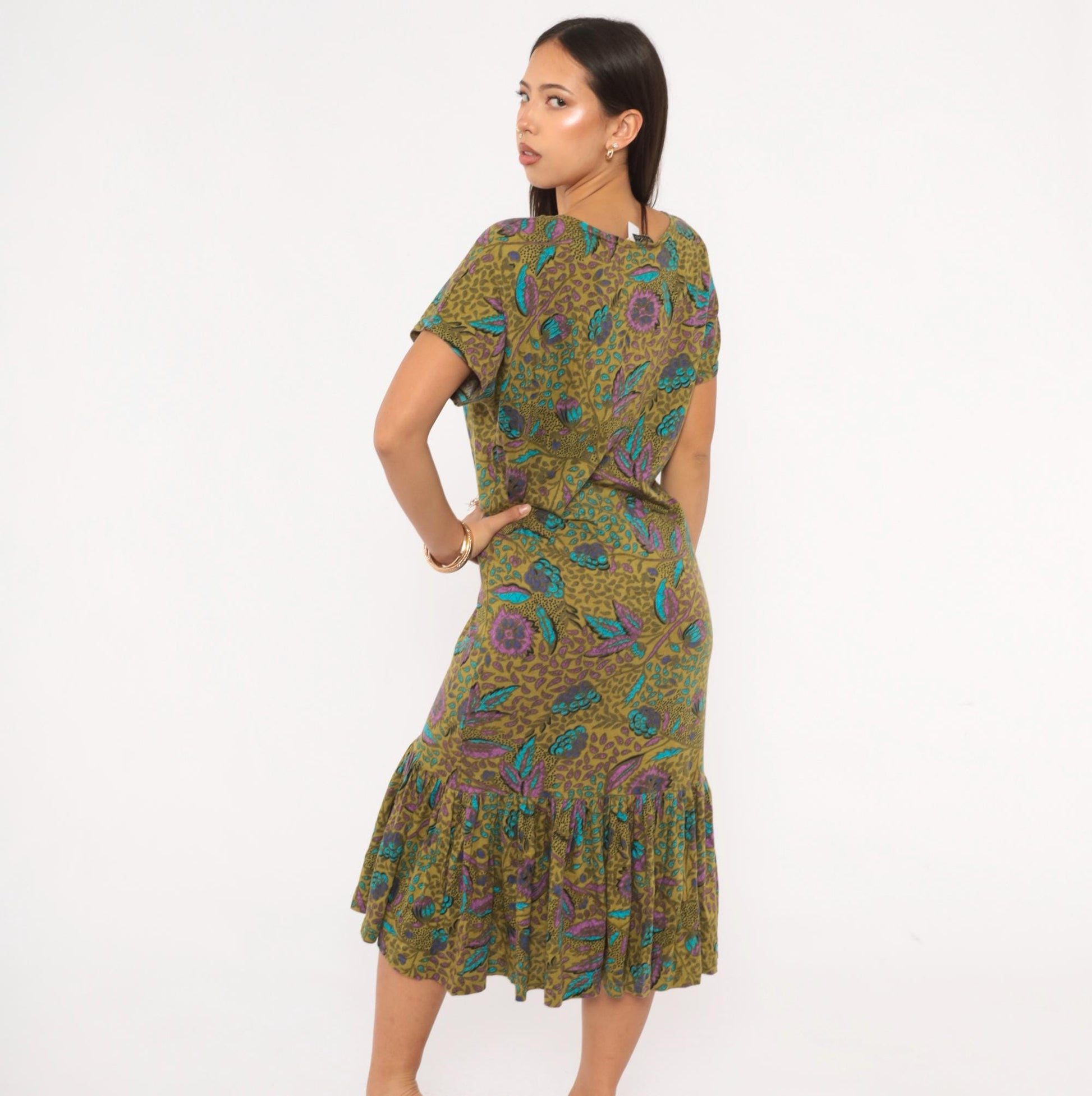 2000s Nina Hazan Olive Floral Midi Dress V-Neck Ruffle Hem Small