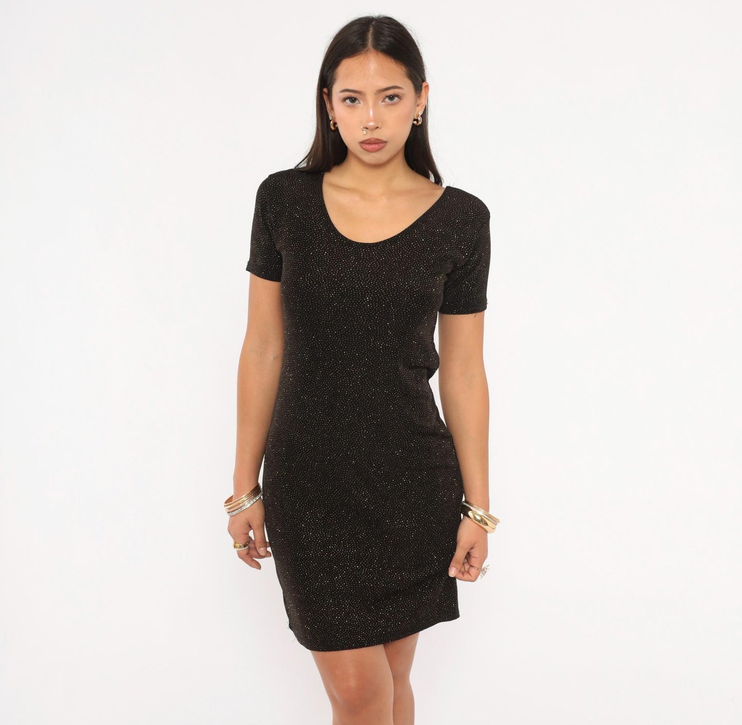 90s Novel-Tee Gold Glitter Black Bodycon Mini Dress Short Sleeve Large L