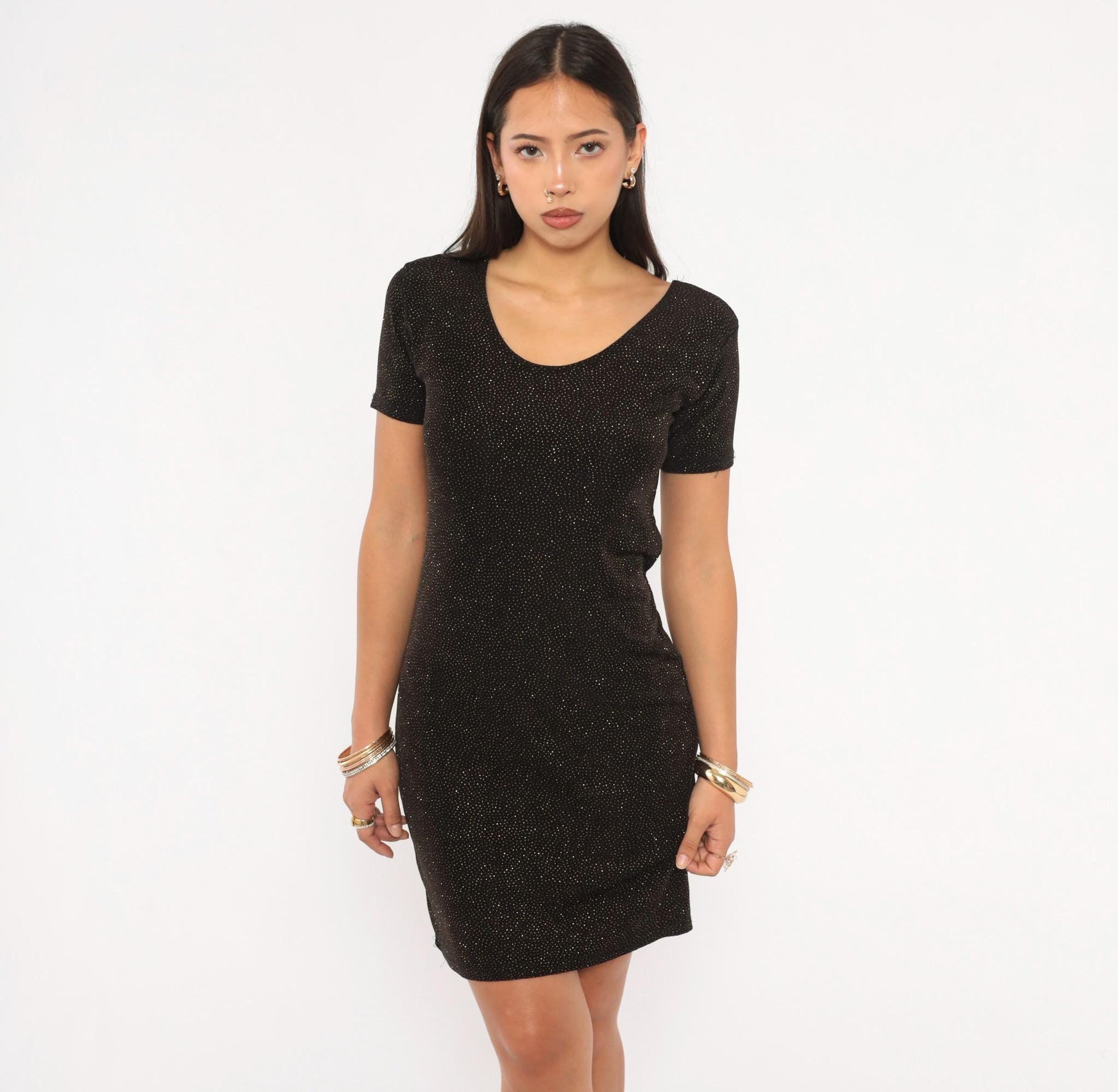 90s Novel-Tee Gold Glitter Black Bodycon Mini Dress Short Sleeve Large L