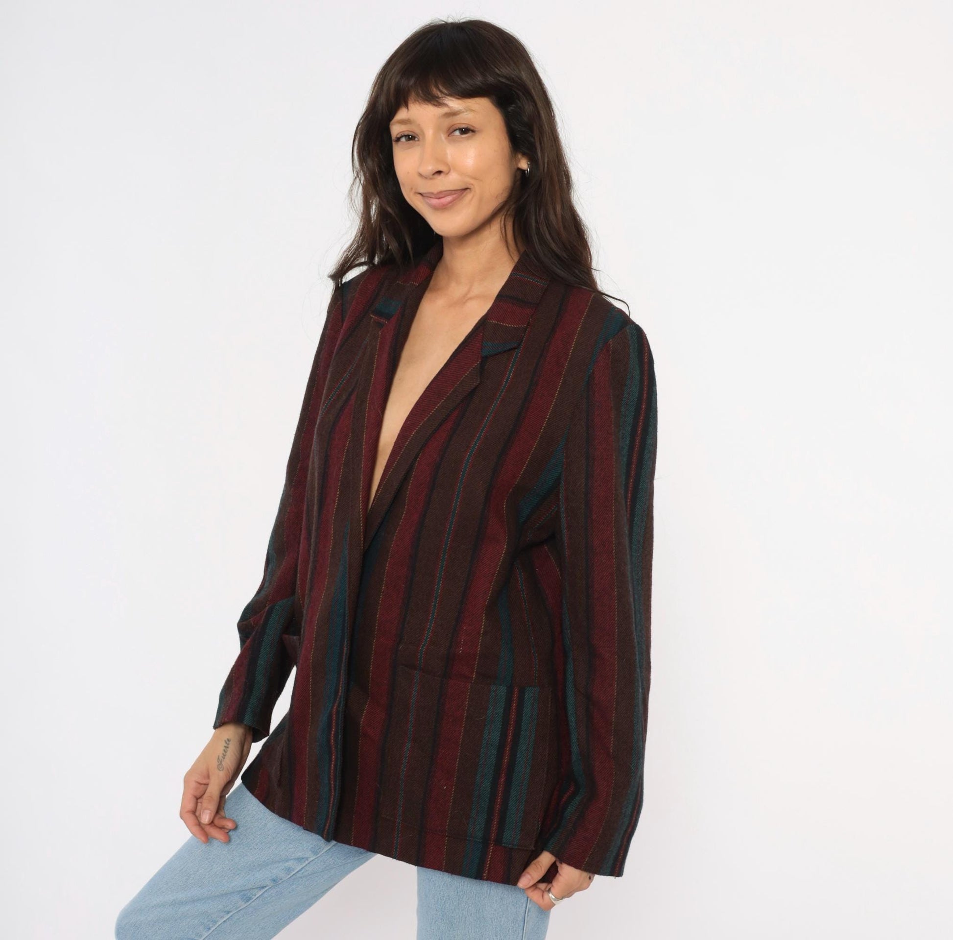 80s Koret Wool Blazer Burgundy Teal Striped Herringbone Notched Lapel Medium Large