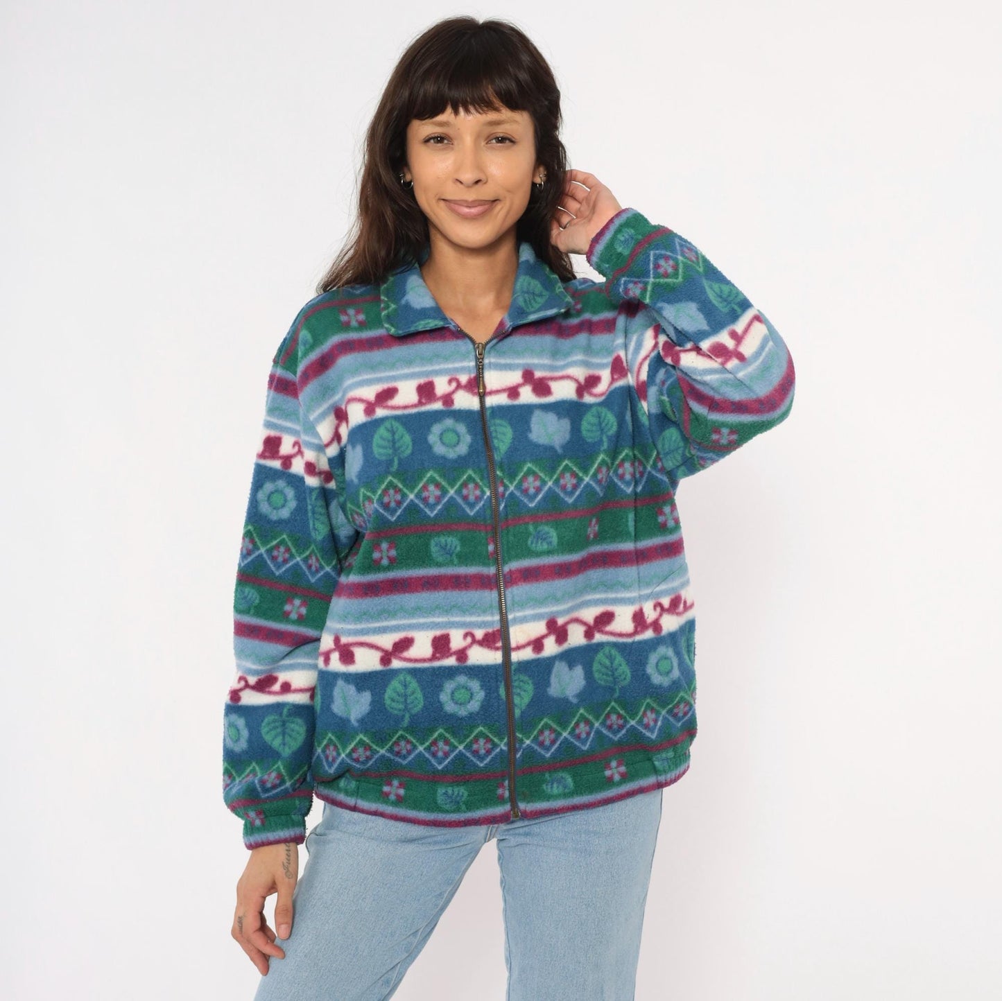 90s Teddi Floral Fleece Jacket Teal Burgundy Leaf Print Zip-Up Medium