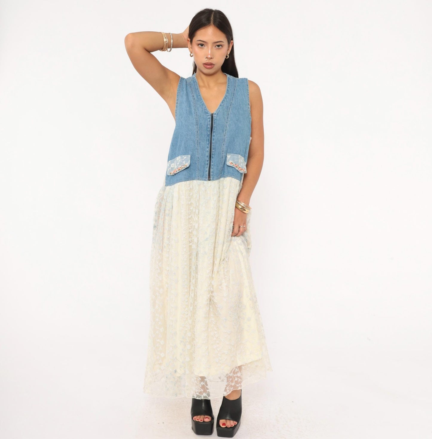 90s Modelle Designs Denim Lace Maxi Dress Sleeveless V Neck Floral Embroidered Cream Large L