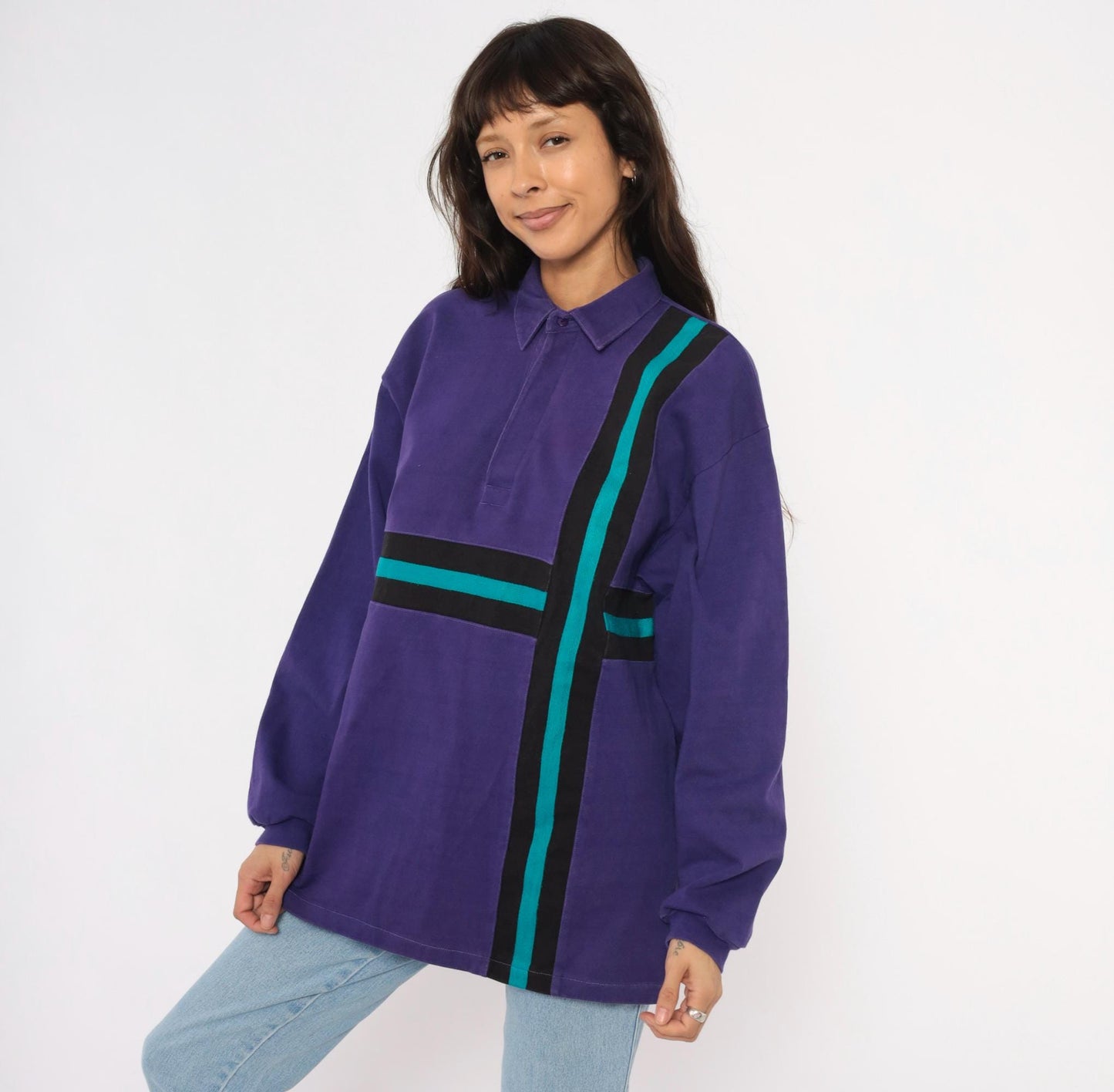 90s Billion Bay Rugby Polo Purple Teal Black Stripe Colorblock Medium