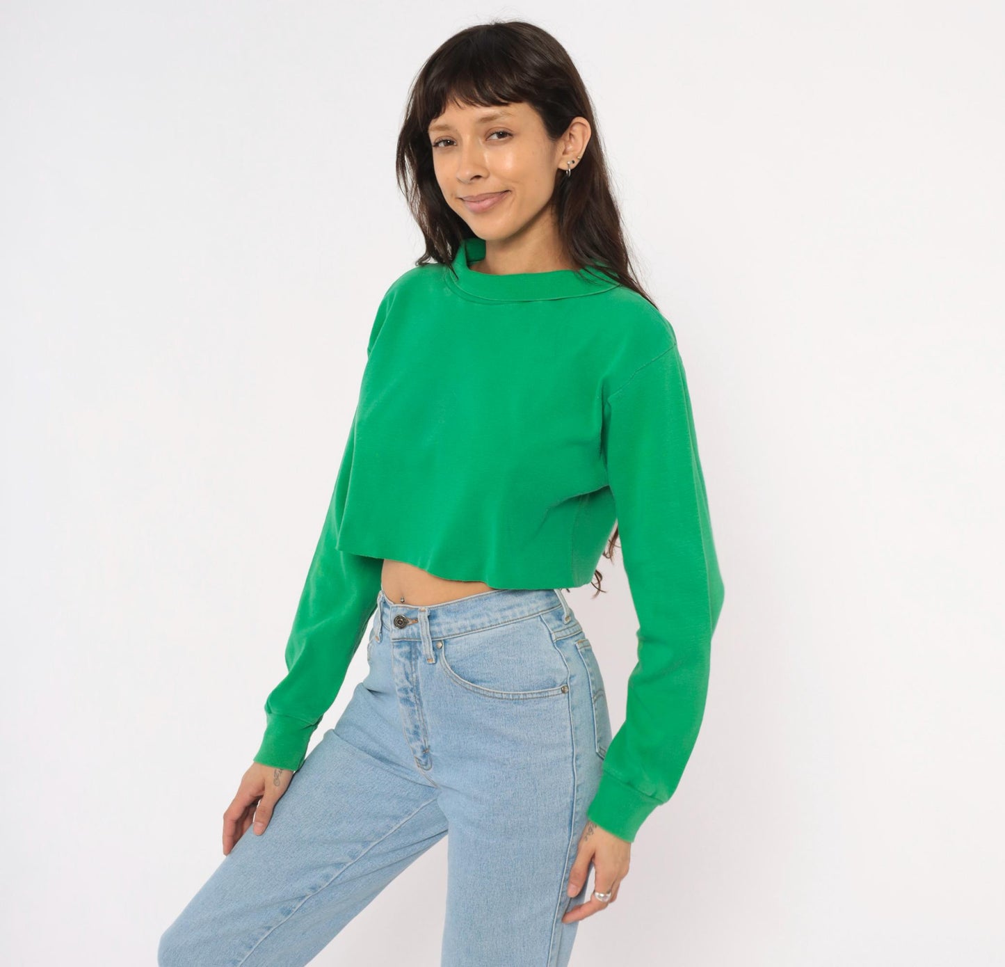 70s Flight Deck Crew Cropped Sweatshirt Kelly Green Cotton Pullover Medium