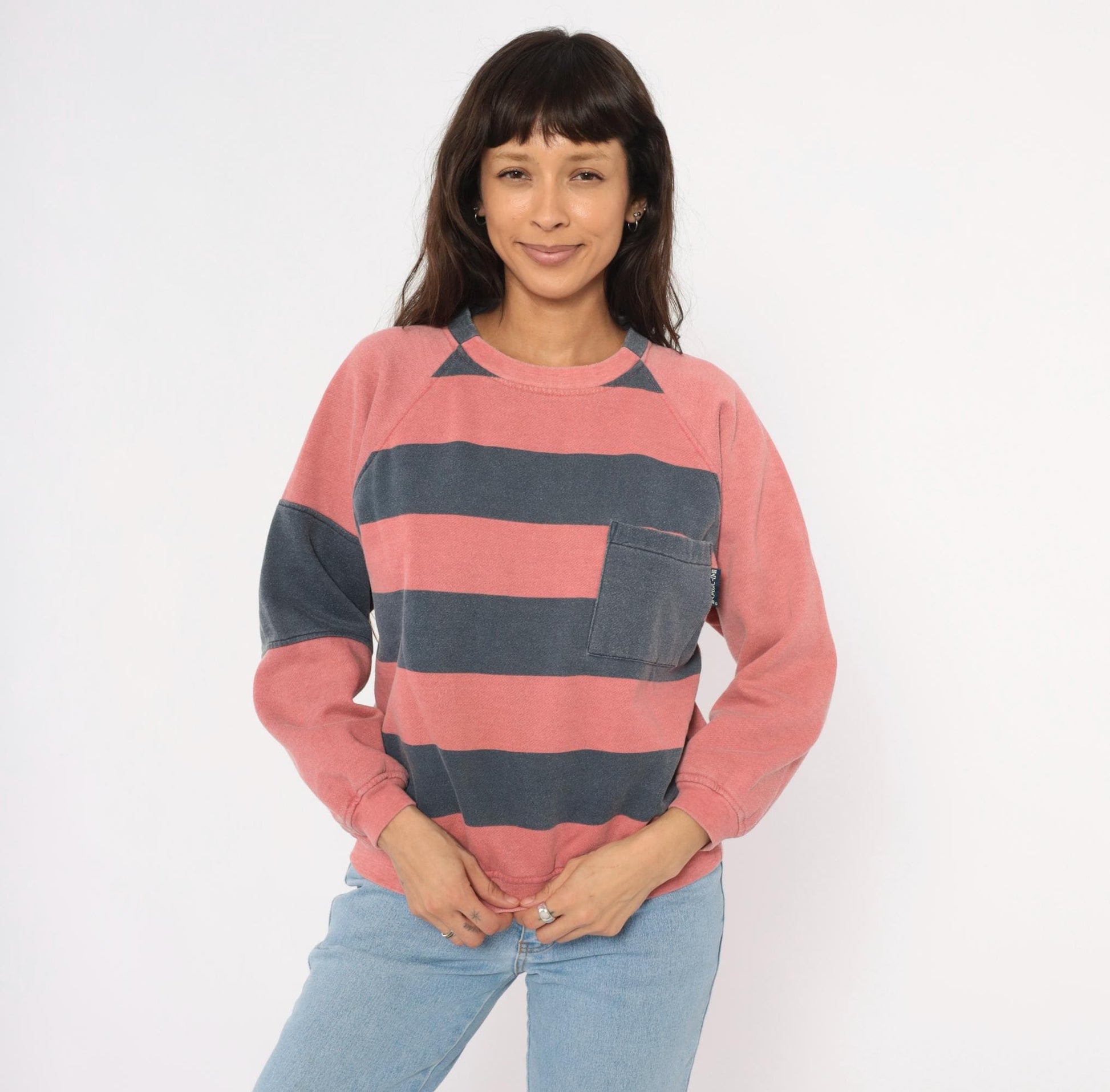 90s Saturdays Pink Navy Striped Rugby Sweatshirt Raglan Sleeve Medium