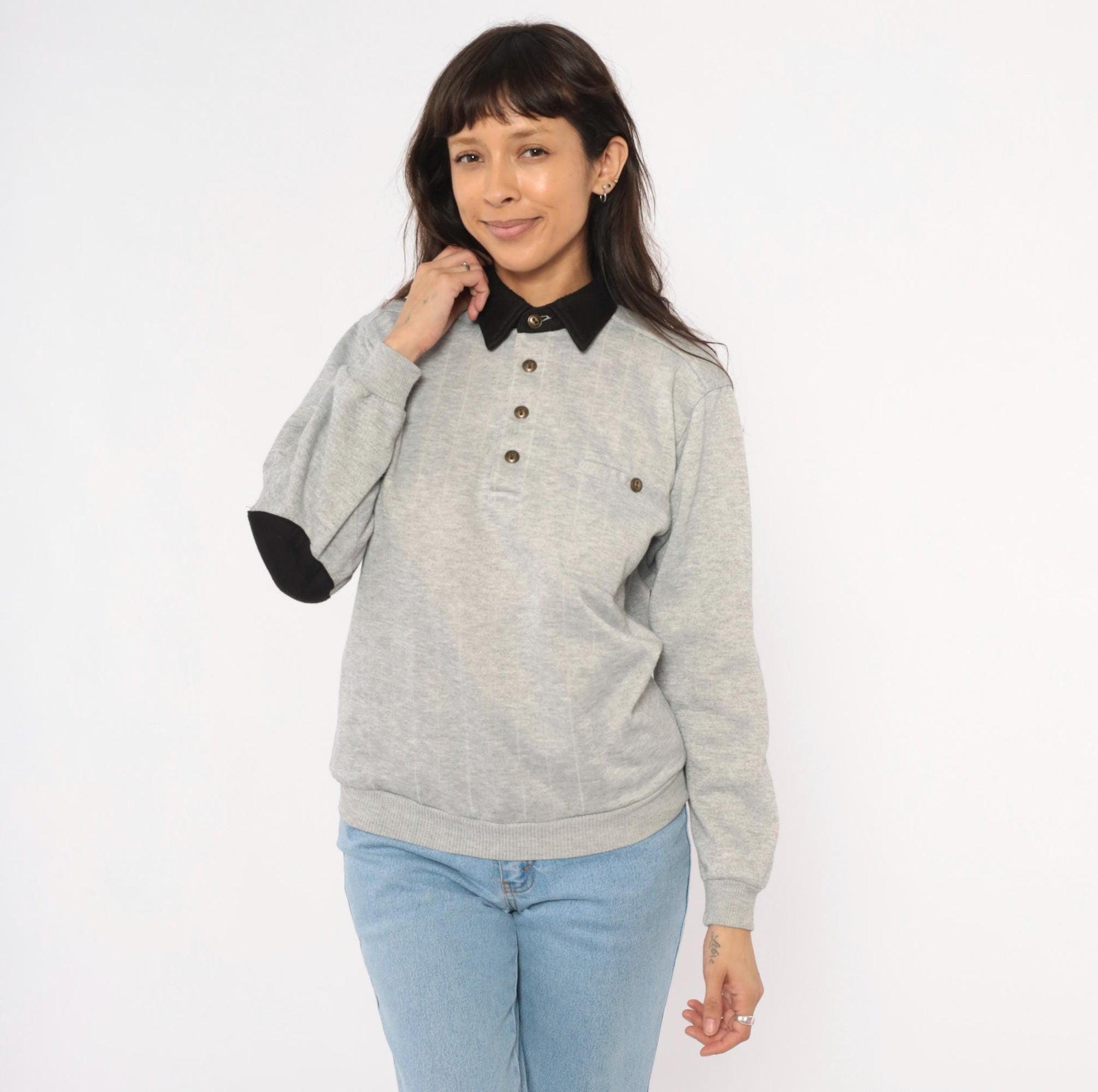 90s Scandia Woods Henley Sweatshirt Black Collar Elbow Patch Grey Small