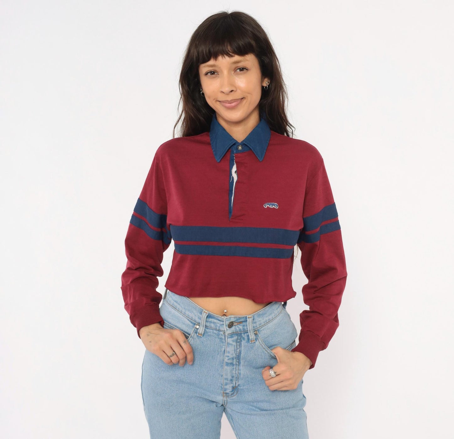 80s Burgundy Navy Stripe Cropped Rugby Polo Cotton Small Medium