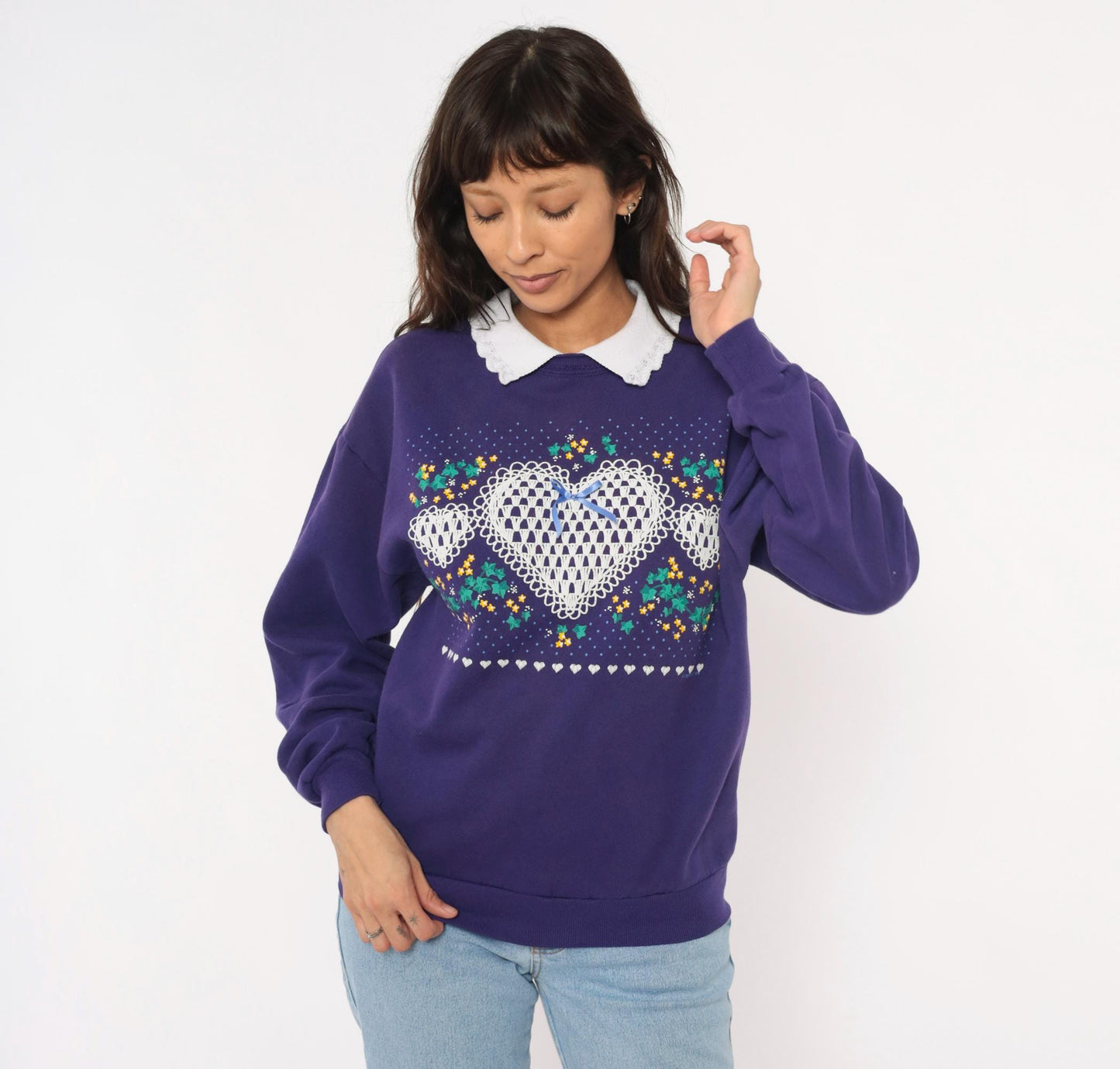 90s PegiGoff Purple Sweatshirt Peter Pan Collar Lace Heart Floral Medium M