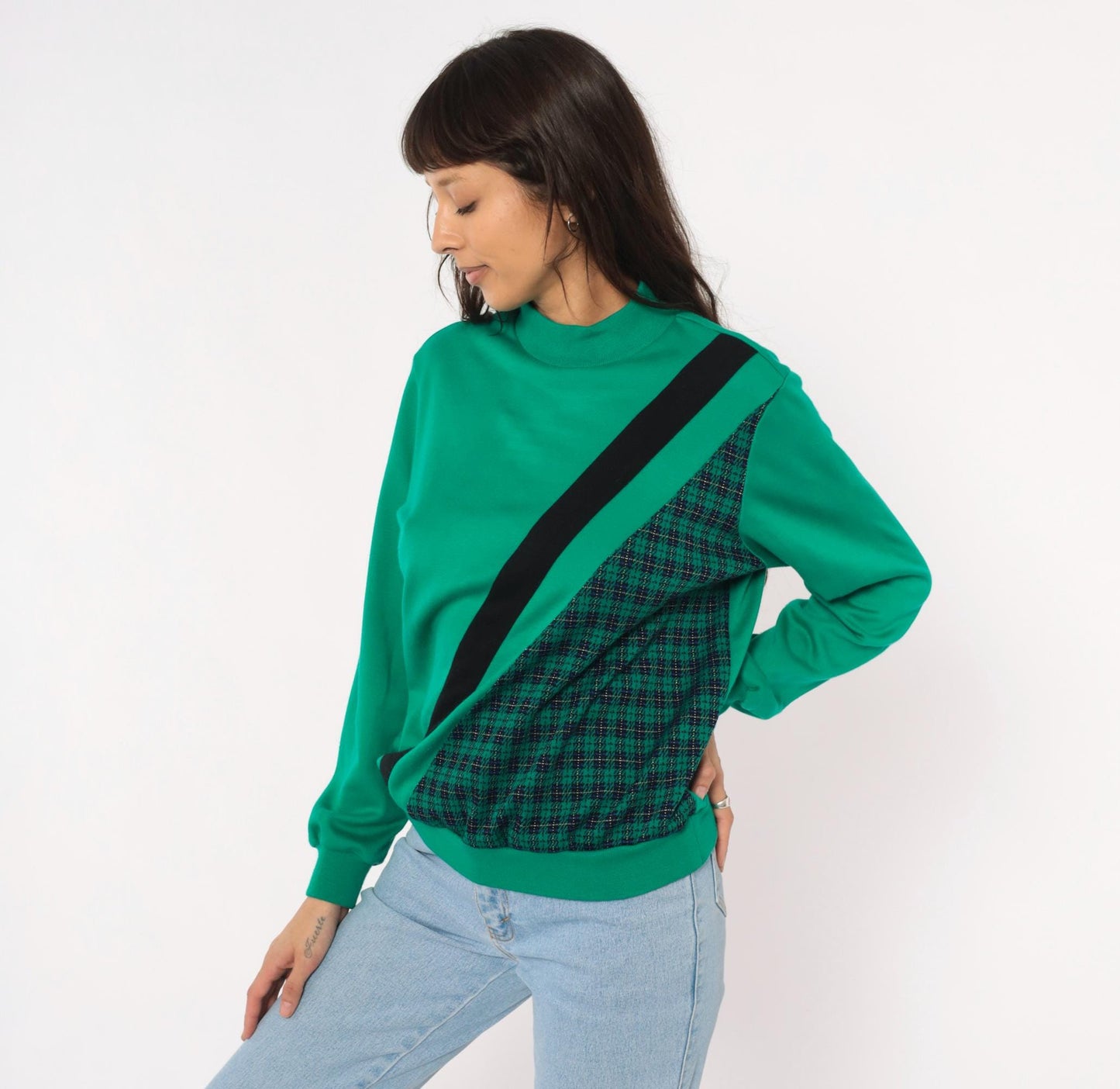 80s Alfred Dunner Mock Neck Sweatshirt Green Houndstooth Plaid Panel Small