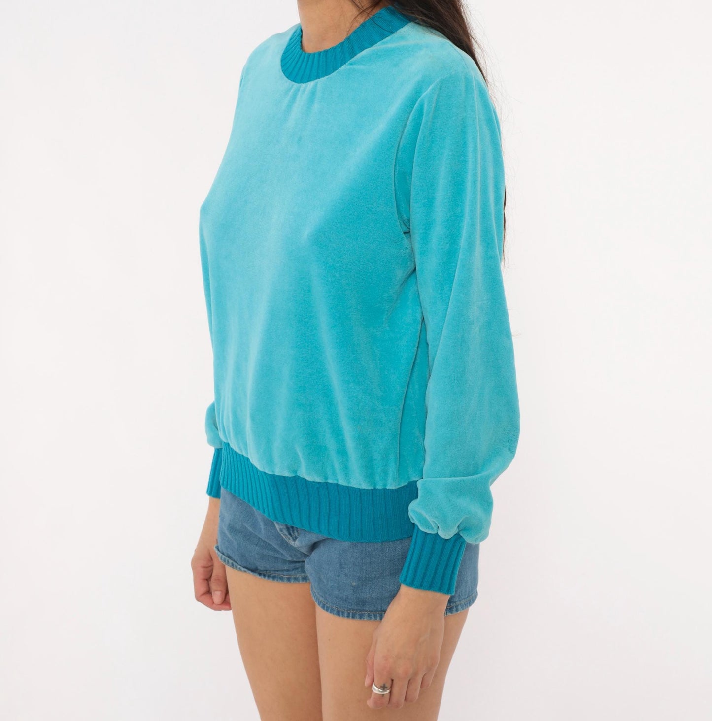 80s Sears Velour Crewneck Sweatshirt Teal Aqua Ribbed Trim Small