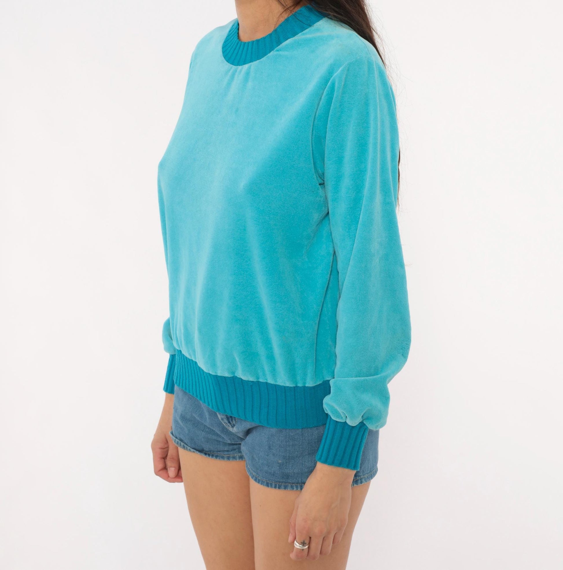 80s Sears Velour Crewneck Sweatshirt Teal Aqua Ribbed Trim Small