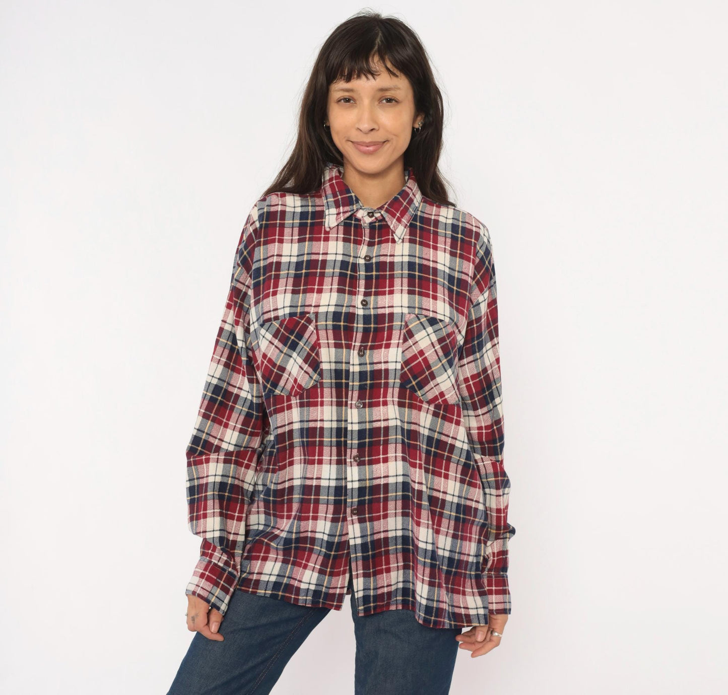 90s Dickies Flannel Shirt Red Navy Cream Plaid Cotton XL