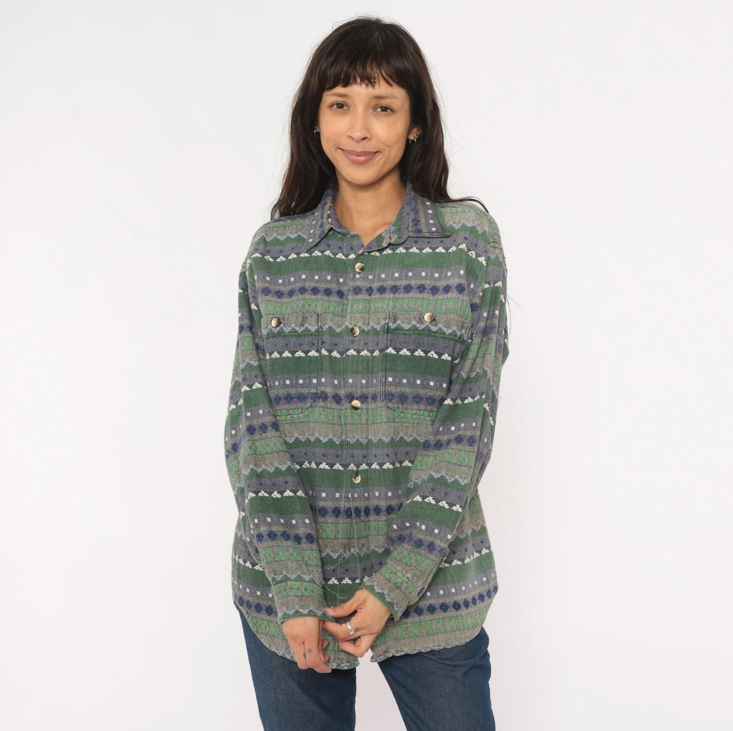 90s Point Zero Geometric Flannel Shirt Green Navy Jacquard Folk Pattern Medium