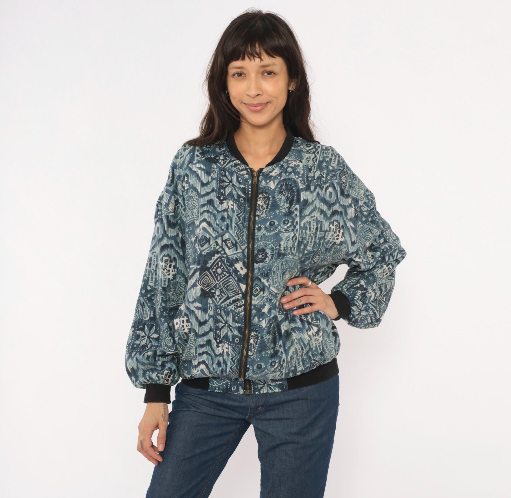 90s Silk Bomber Jacket Abstract Tribal Print Blue Grey Unisex Small