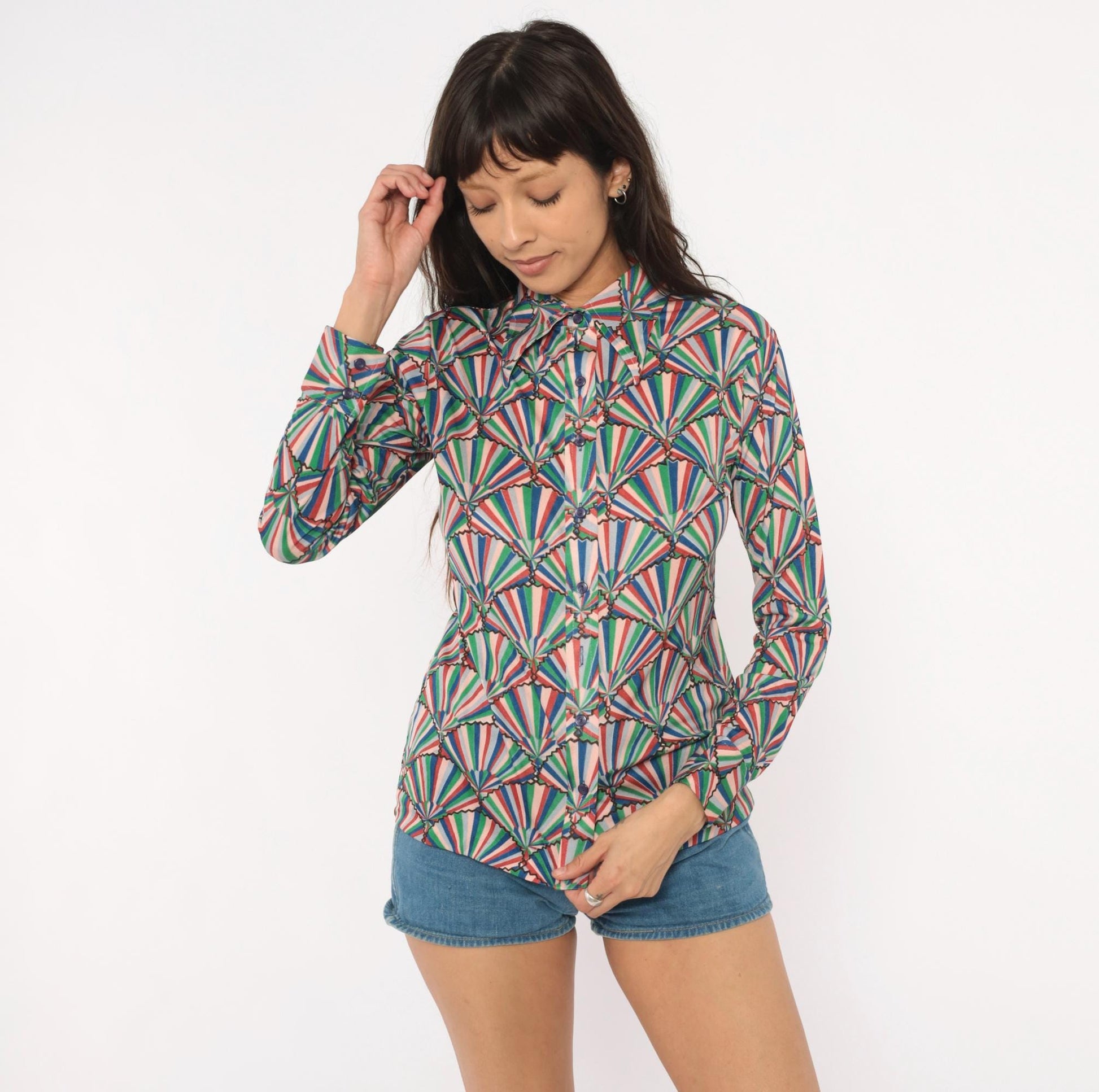 70s Helen Sue Fan Print Shirt Geometric Button Front Pointed Collar Small