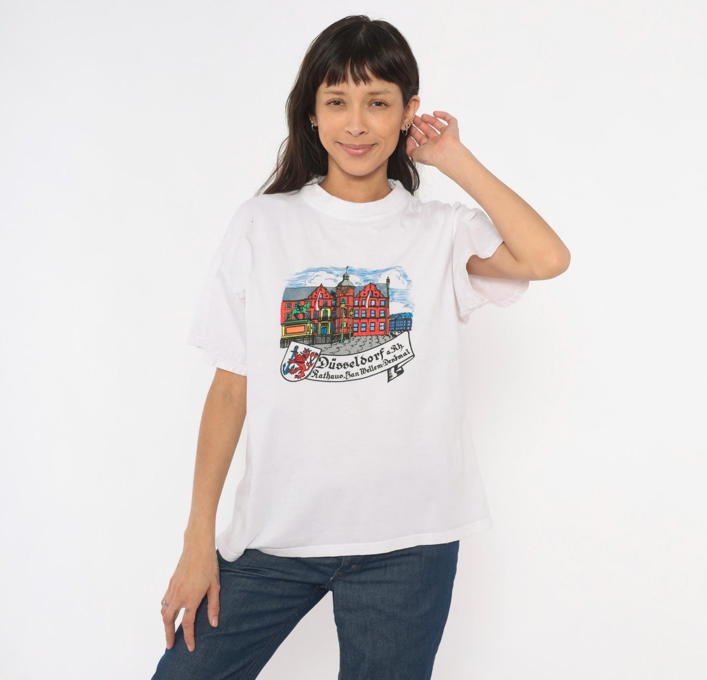 90s B & C Düsseldorf Rathaus Graphic Tee White Cotton Crew Neck Large L
