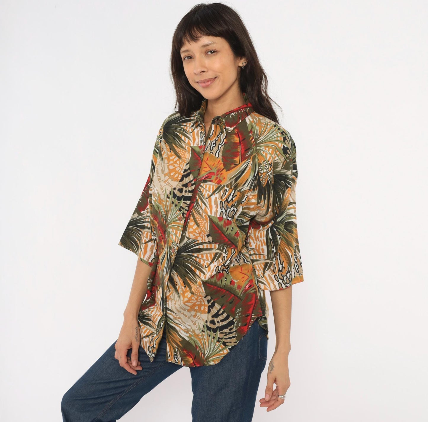 90s Touché LA Tropical Palm Leaf Print Shirt Mustard Olive Red Large L