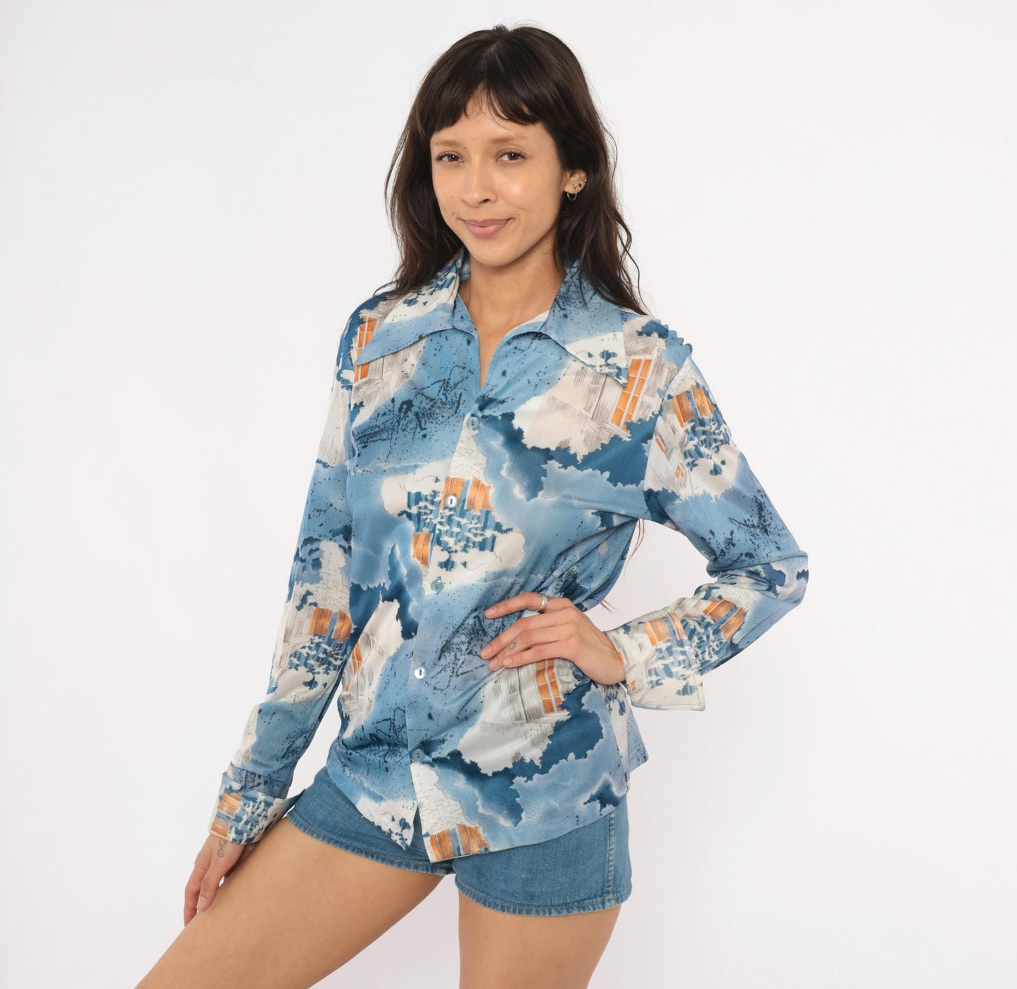 70s Triumph of California Architectural Print Shirt Blue Pointed Collar Medium