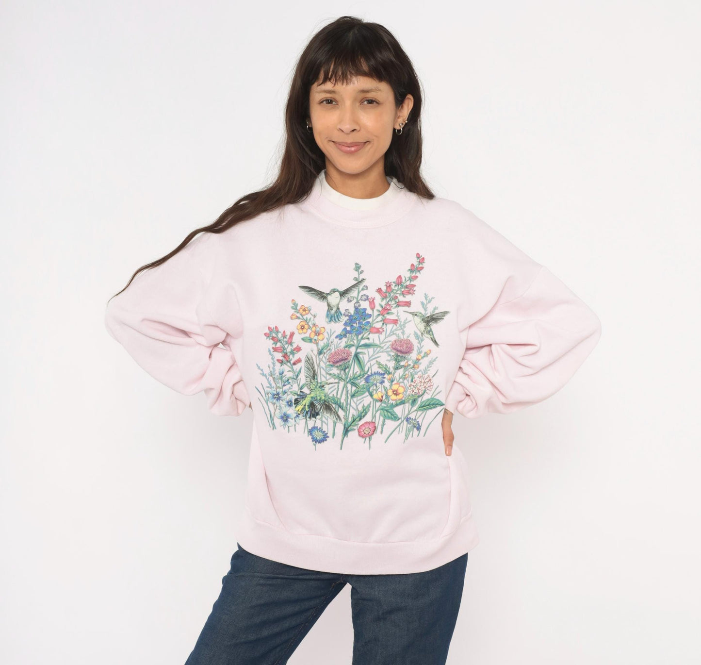 90s Jerzees Hummingbird Wildflower Sweatshirt Pink Crewneck Large L