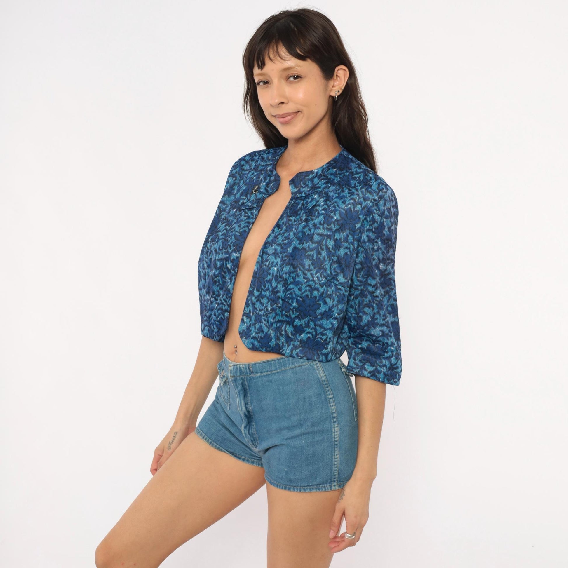 60s Cobalt Jacquard Bolero Jacket Floral Damask Three Quarter Sleeve Medium M