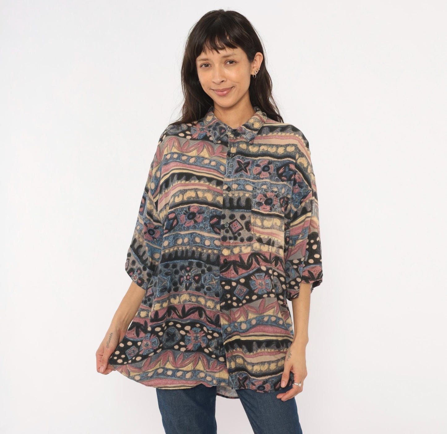 90s Hey Man Style Tribal Abstract Shirt Rayon Boxy Large L