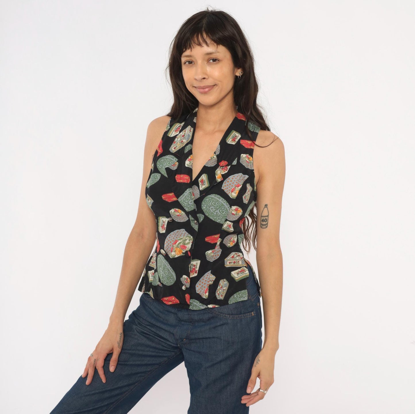 90s Paris Blues Novelty Print Halter Vest Black Green Red Small