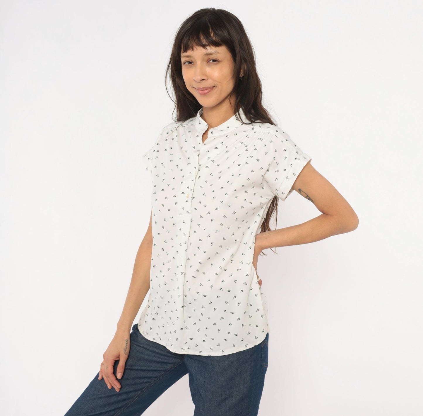70s Mr. Fine Sailboat Print Blouse White Mandarin Collar Cap Sleeve Medium