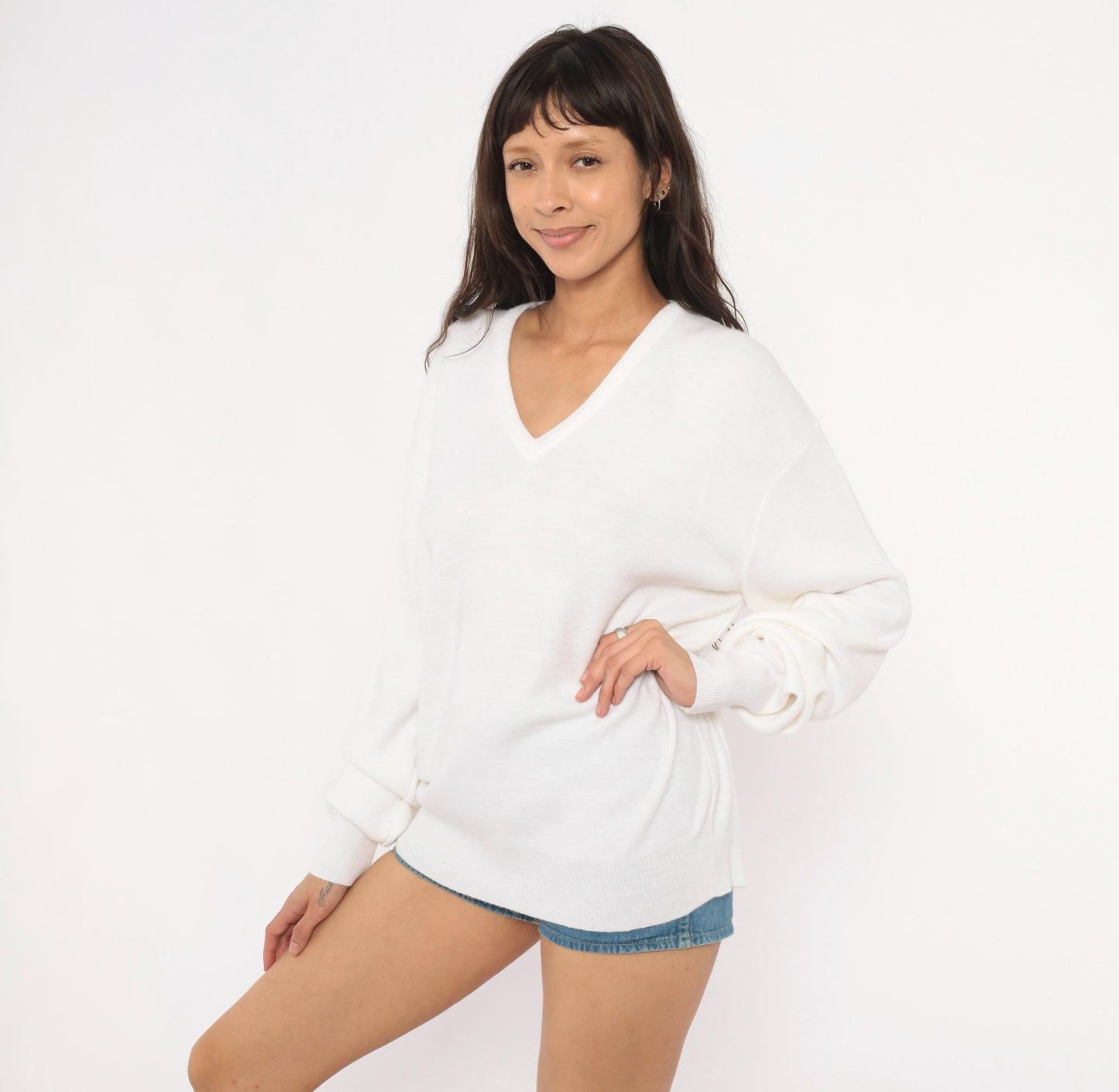 80s Jantzen V-Neck Pullover Sweater Ivory Knit Dropped Shoulder Extra Large