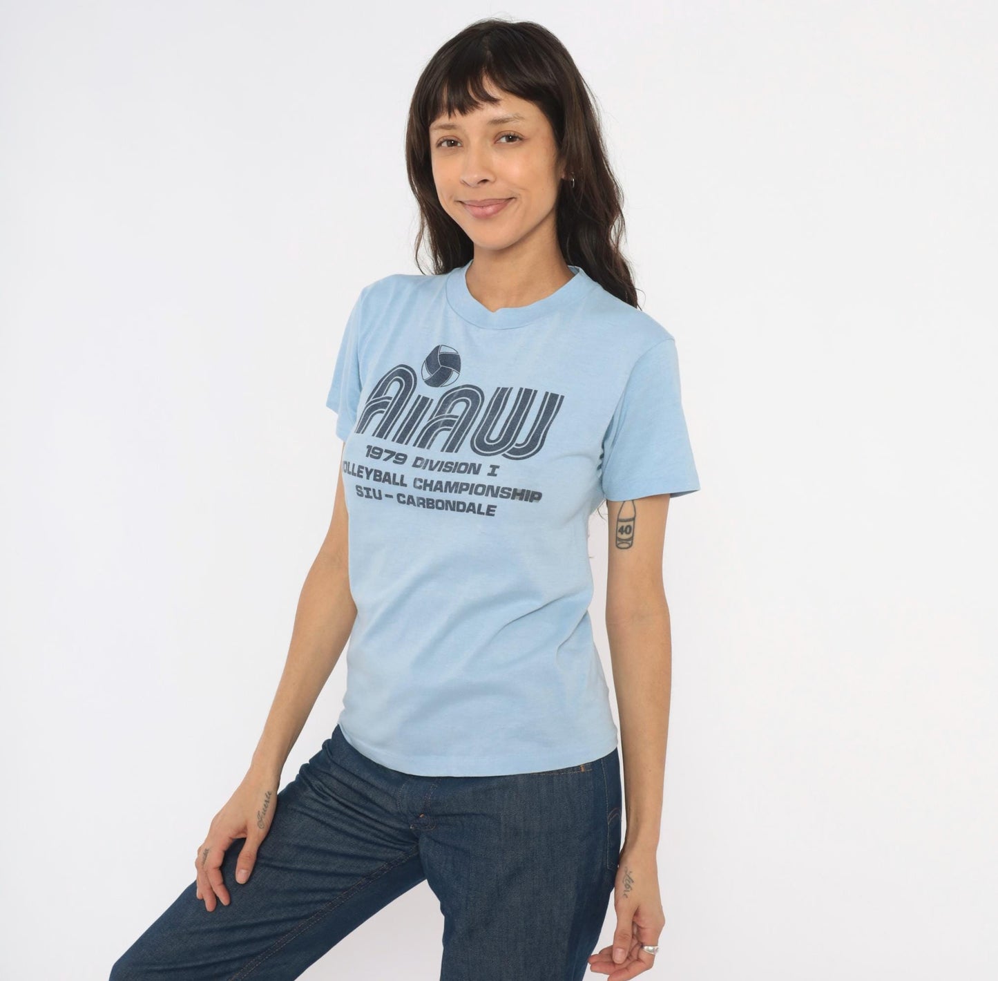70s SIU Carbondale Volleyball Championship Graphic Tee Light Blue Small